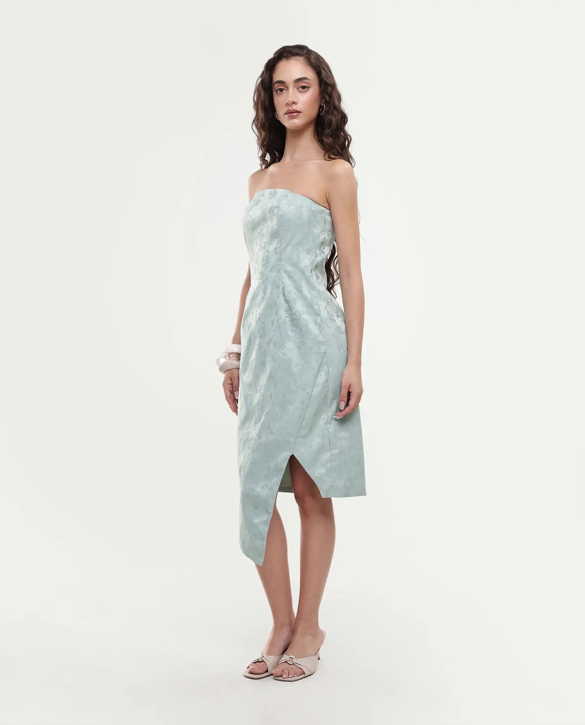Rareism Women's Krakow Light Blue Polyester Shoulder Strap Plain Sleeveless Knee Length Bodycon Dress