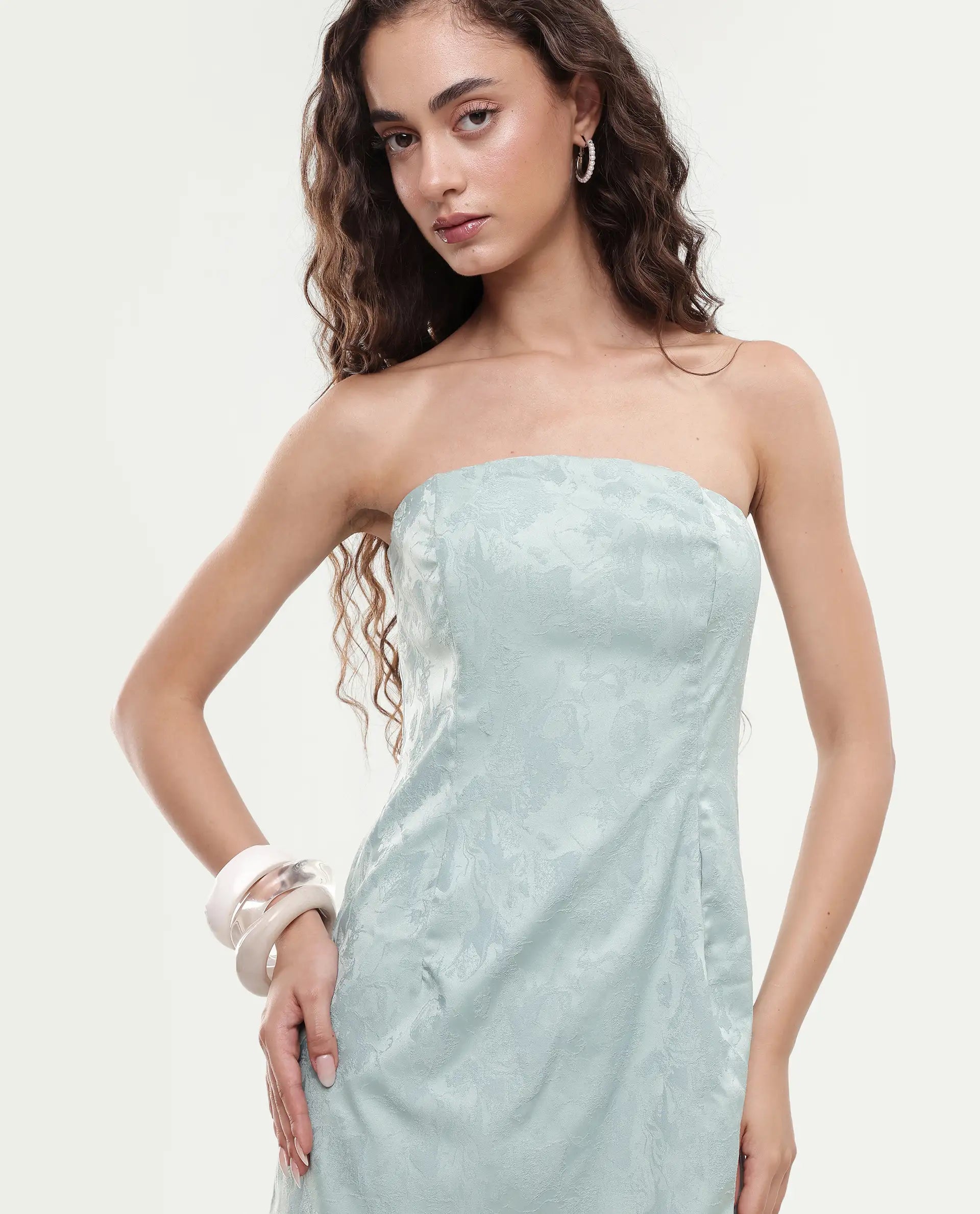 Rareism Women's Krakow Light Blue Polyester Shoulder Strap Plain Sleeveless Knee Length Bodycon Dress