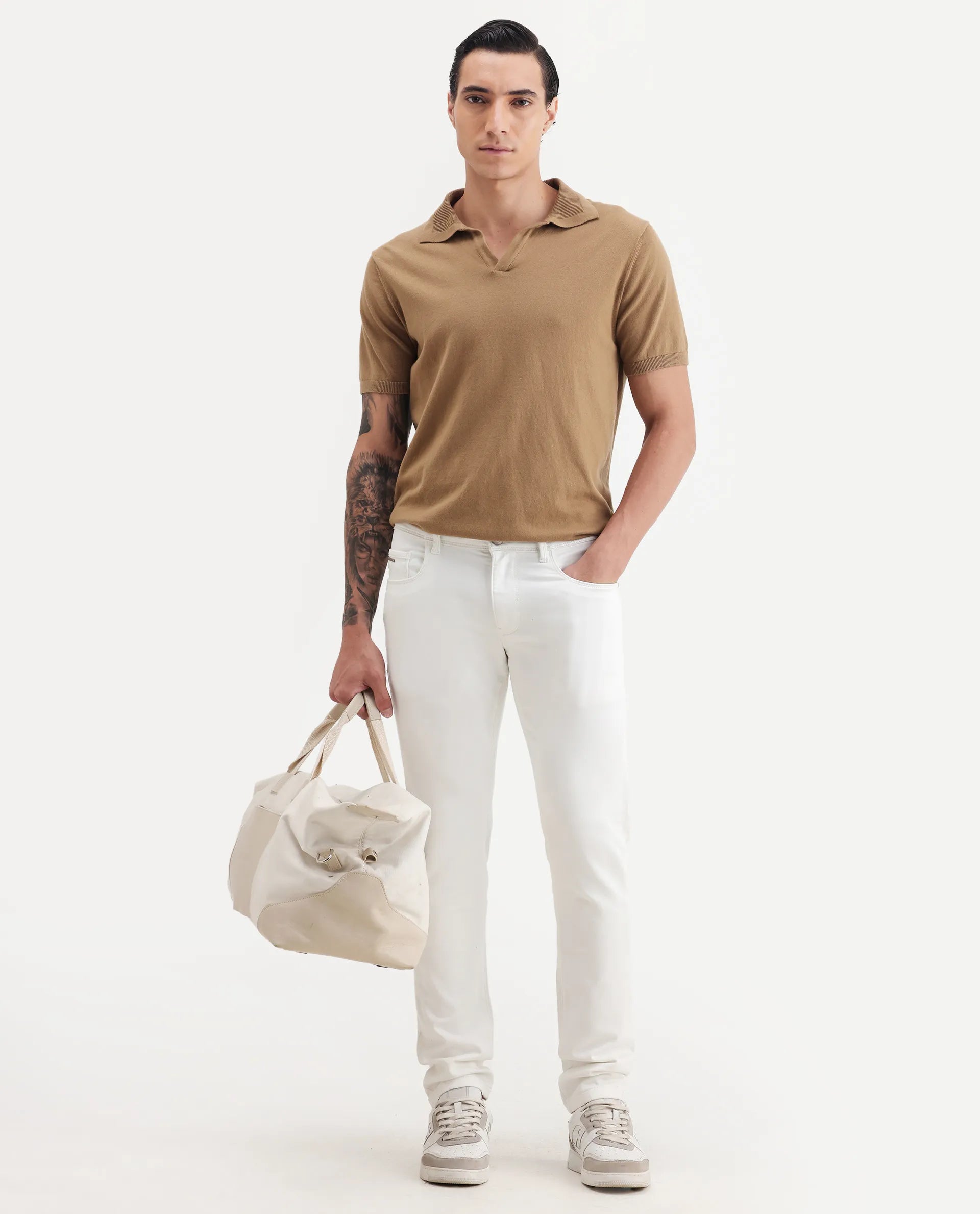 Rare Rabbit Men's Rivol Off White Cotton Blend Plain Hawk Slim Fit Jeans