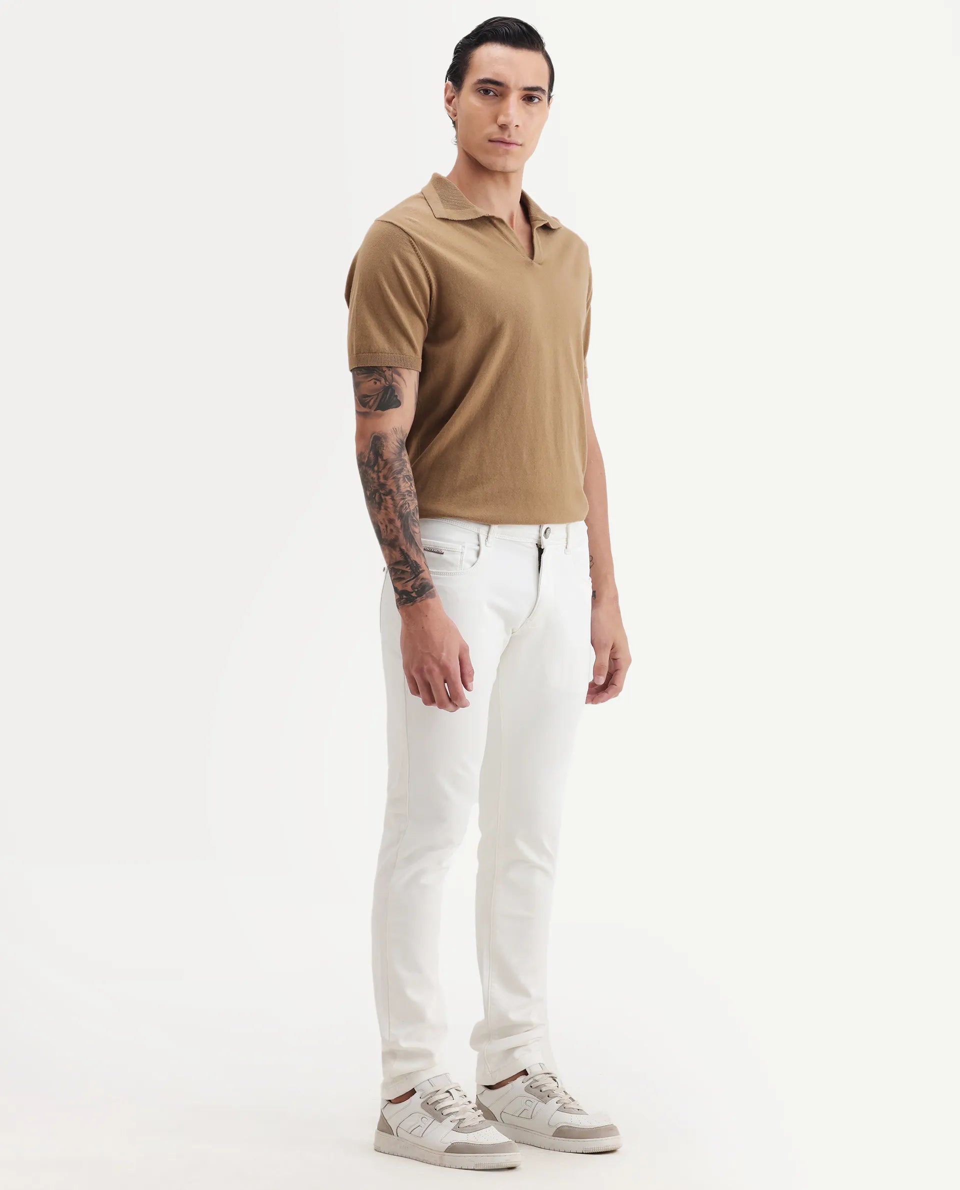 Rare Rabbit Men's Rivol Off White Cotton Blend Plain Hawk Slim Fit Jeans