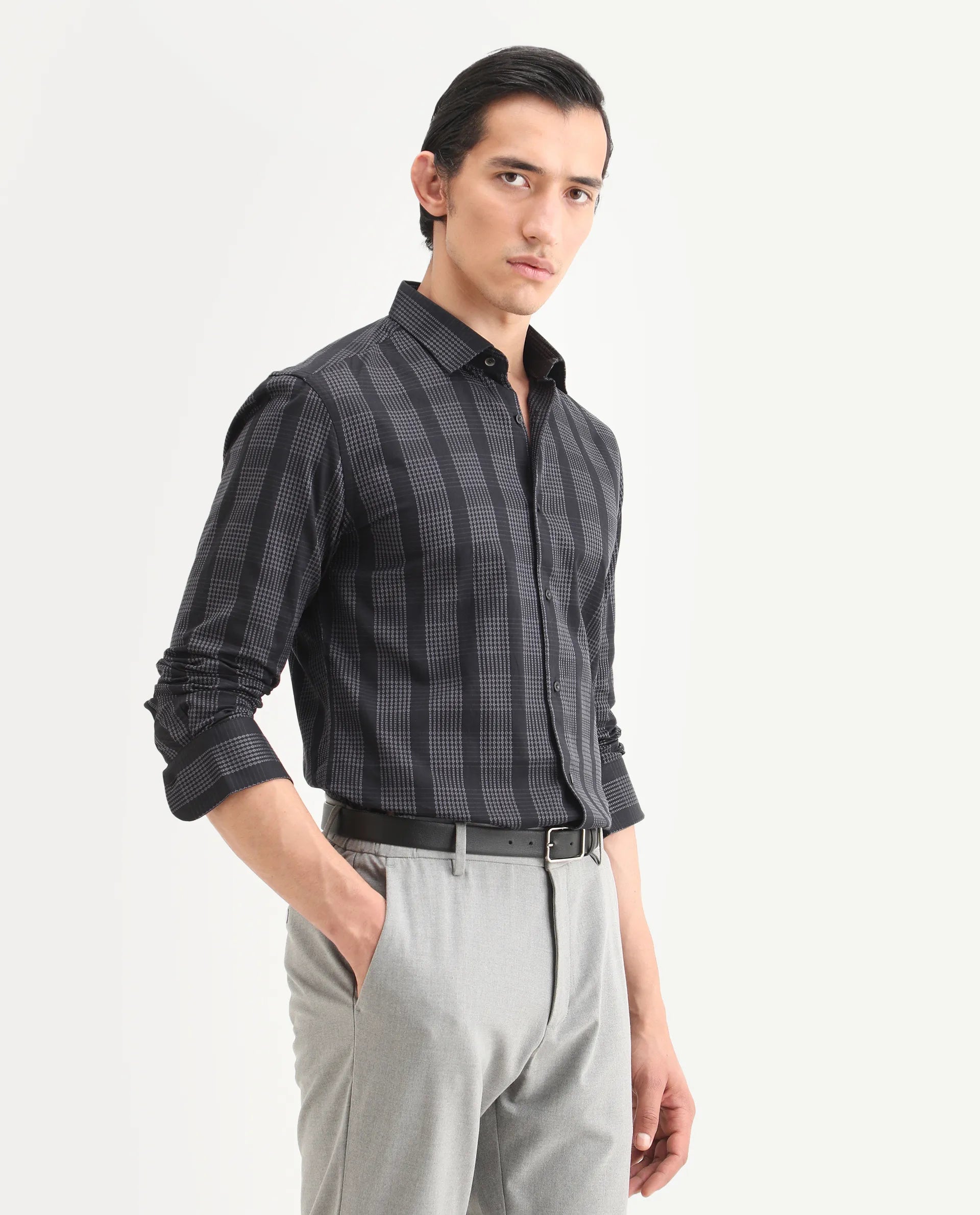 Rare Rabbit Men's Villum Black Cotton Embroidered Regular Fit Full Sleeve Collared Shirt