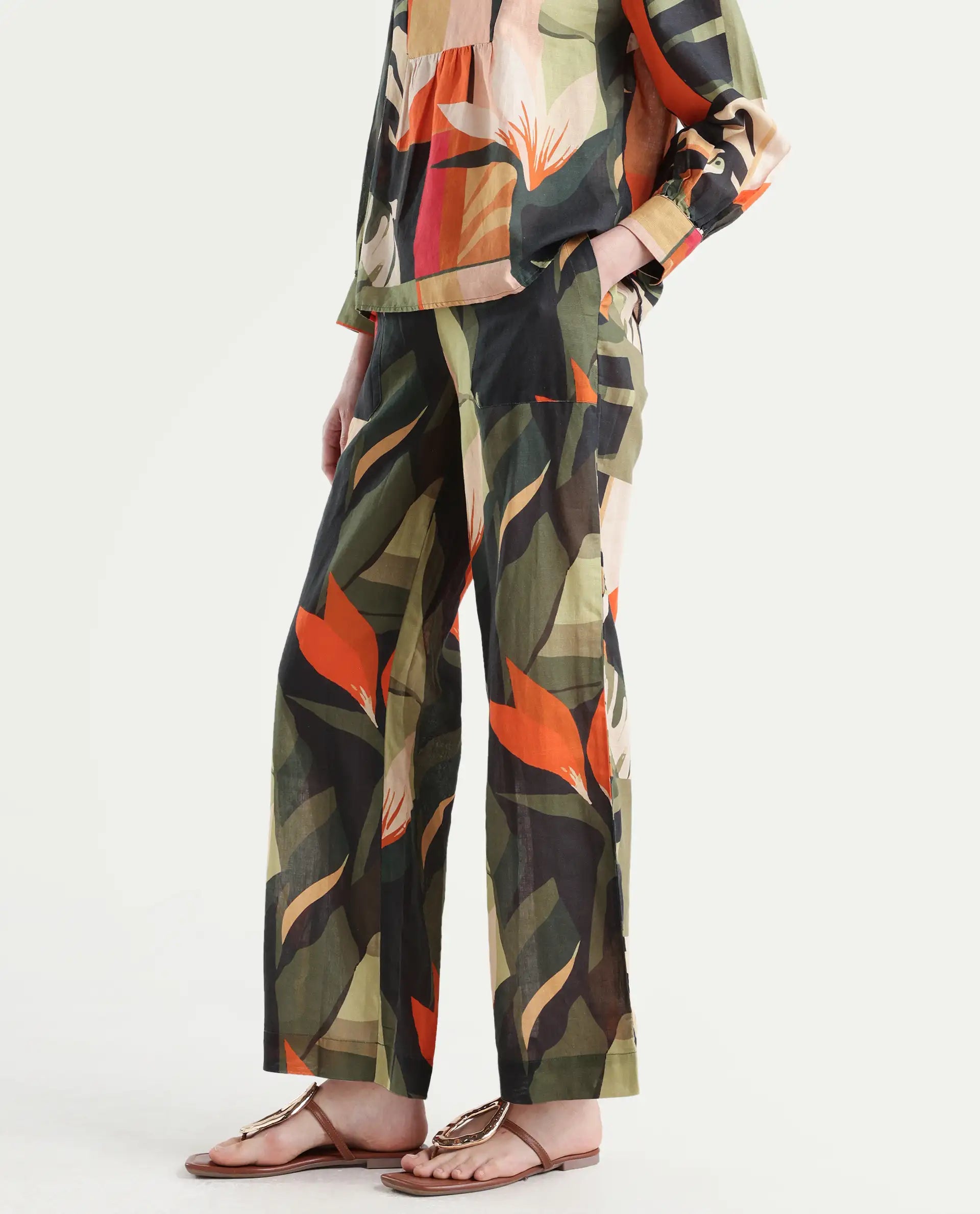 Rareism Women's Agenia-B Pastel Multi Cotton Blend Abstract Print Ankle Length Wide Trouser