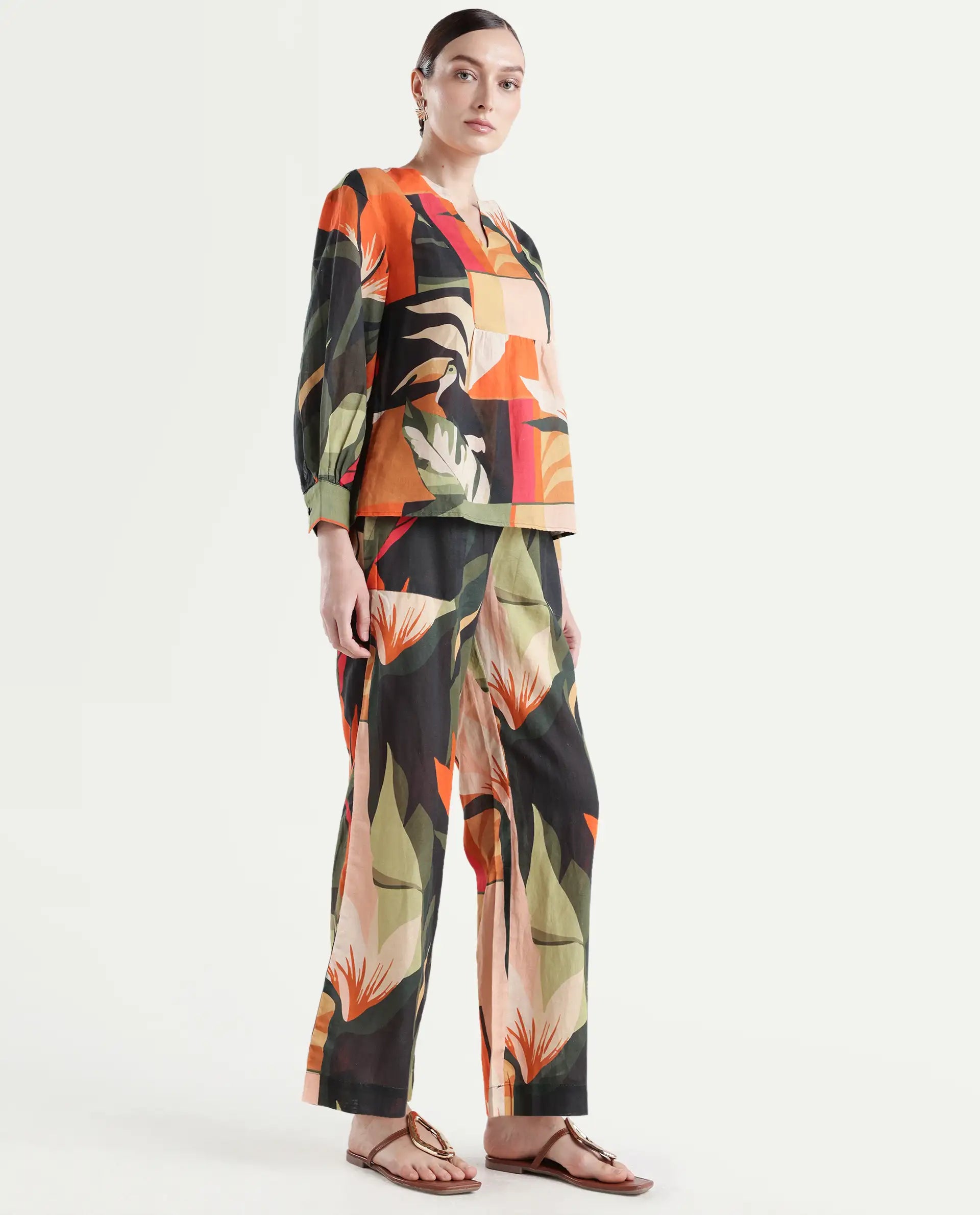 Rareism Women's Agenia-B Pastel Multi Cotton Blend Abstract Print Ankle Length Wide Trouser