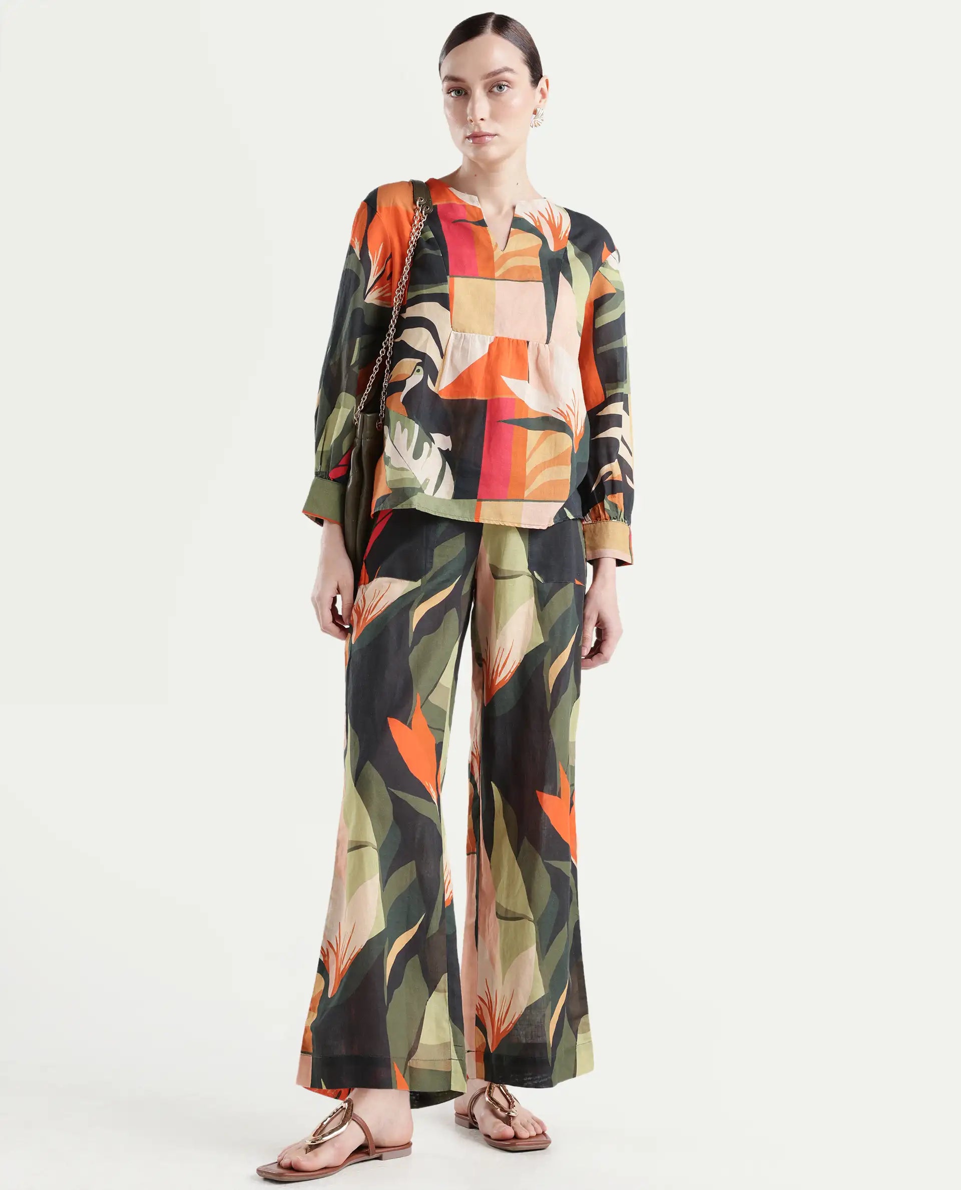 Rareism Women's Agenia-B Pastel Multi Cotton Blend Abstract Print Ankle Length Wide Trouser