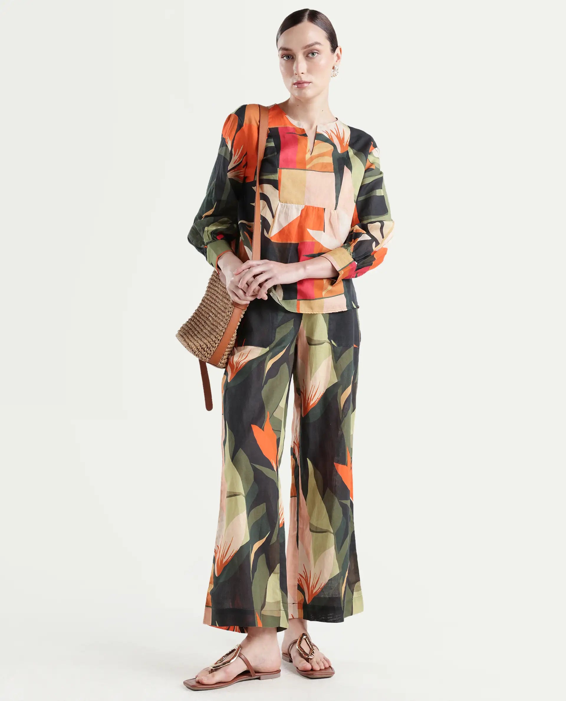 Rareism Women's Agenia-T Pastel Multi Cotton Blend Crew Neck Abstract Print Bishop Sleeve Regular Fit Top