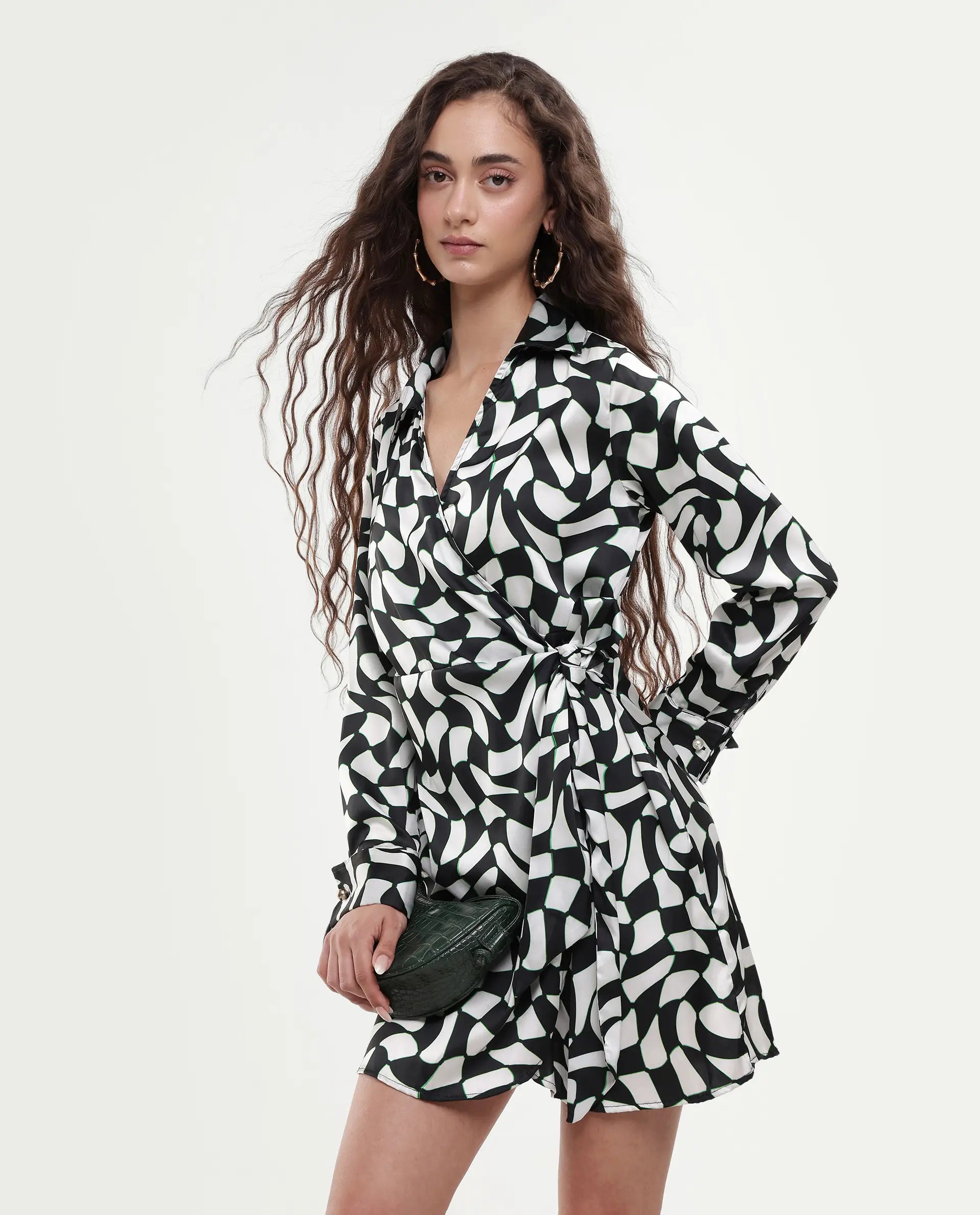 Rareism Women's Bernard Multi Polyester Blend Overlap Neck Geometric Print Cuffed Sleeve Mini Wrap Dress