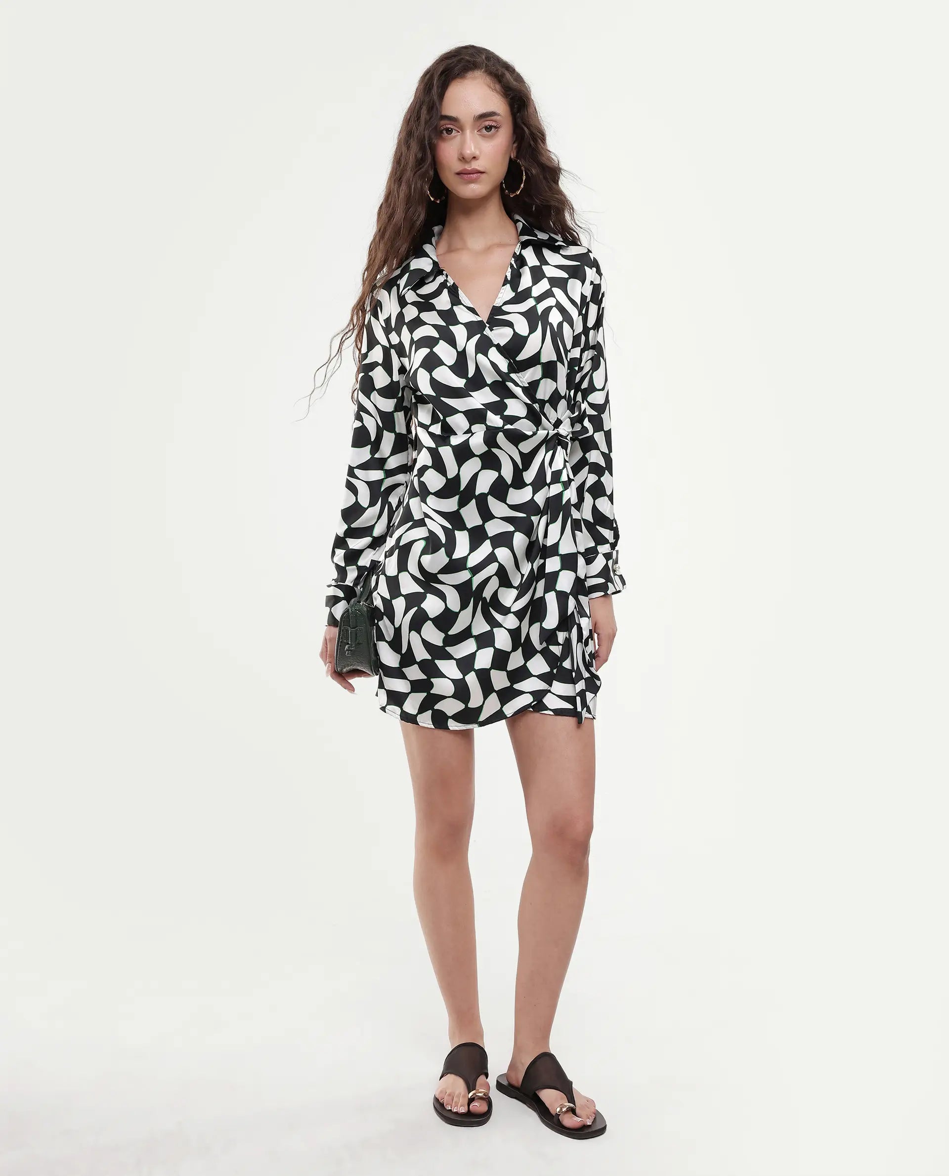 Rareism Women's Bernard Multi Polyester Blend Overlap Neck Geometric Print Cuffed Sleeve Mini Wrap Dress