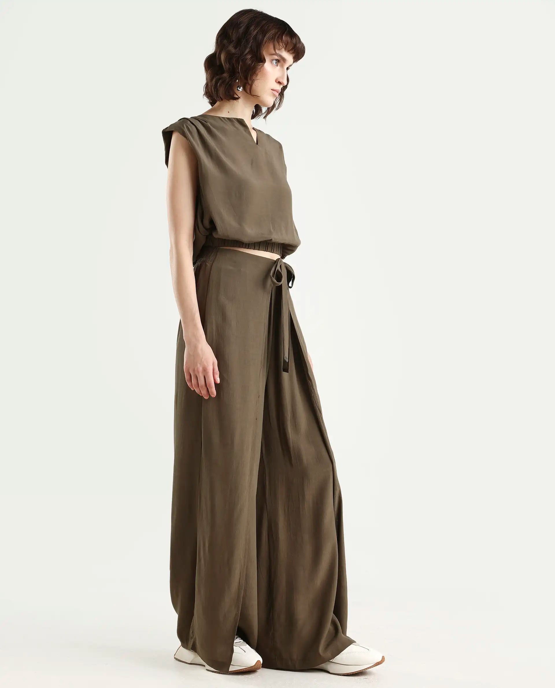 Rareism Women's Brodie-B Olive Rayon Plain Ankle Length Wide Trouser