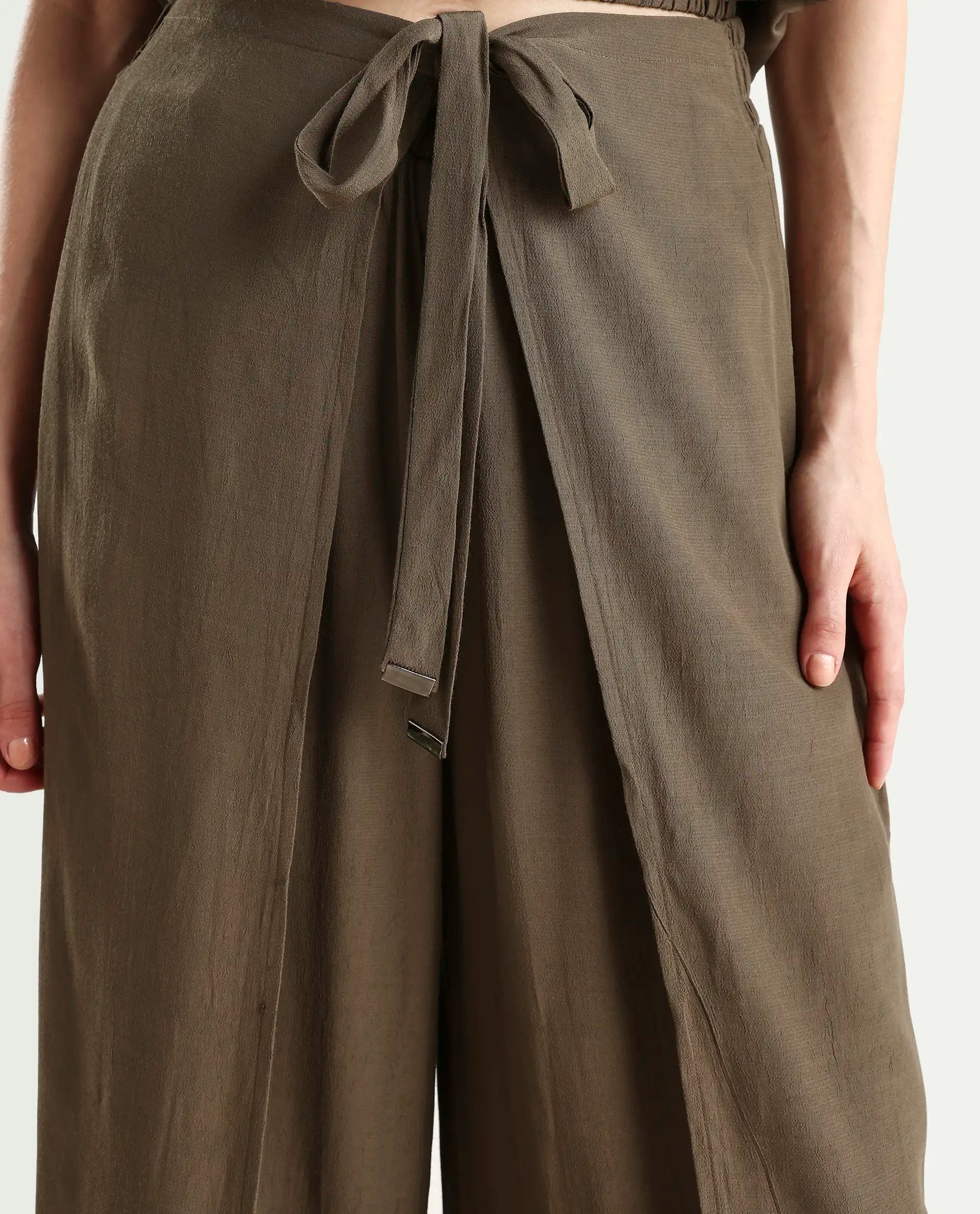 Rareism Women's Brodie-B Olive Rayon Plain Ankle Length Wide Trouser