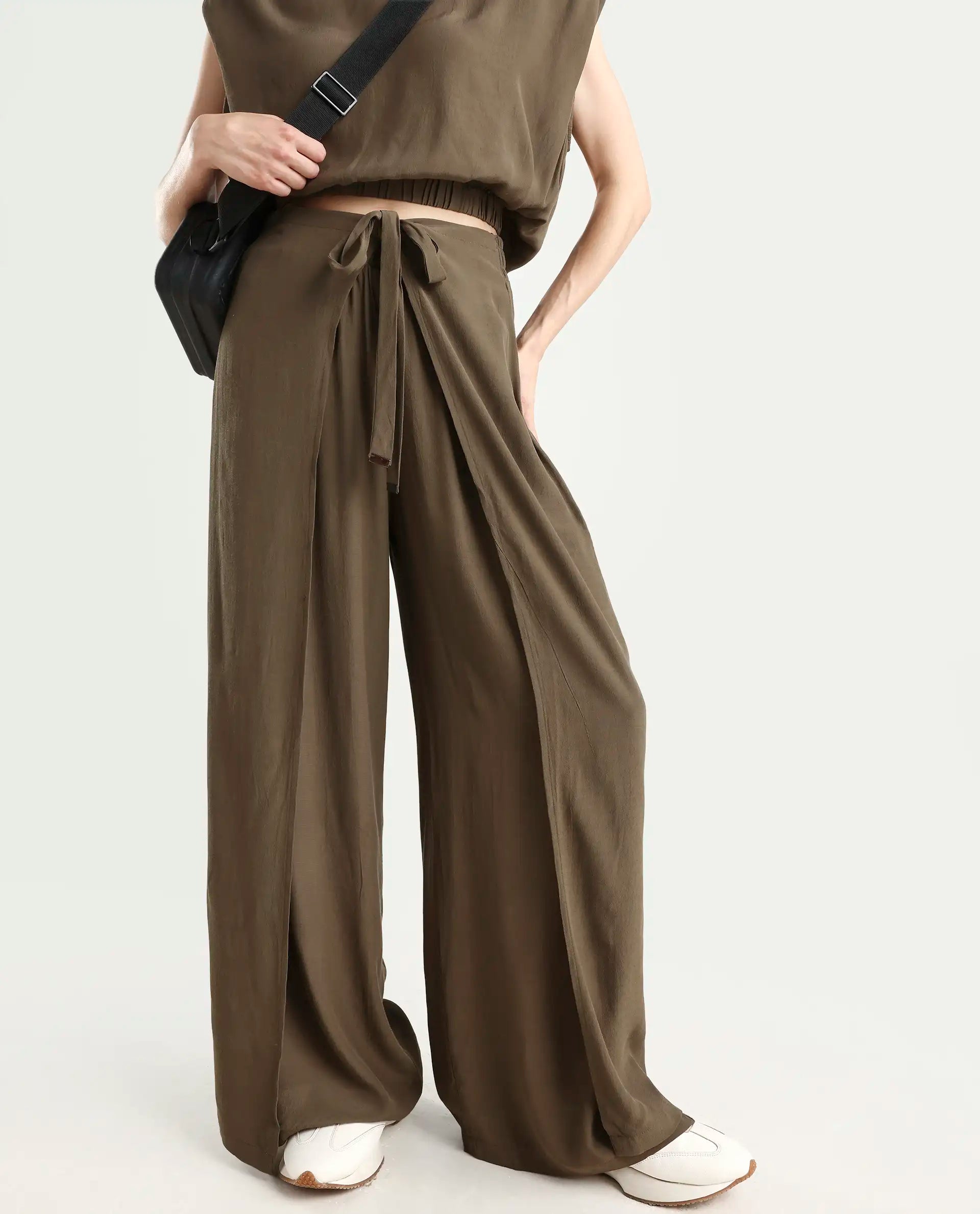 Rareism Women's Brodie-B Olive Rayon Plain Ankle Length Wide Trouser