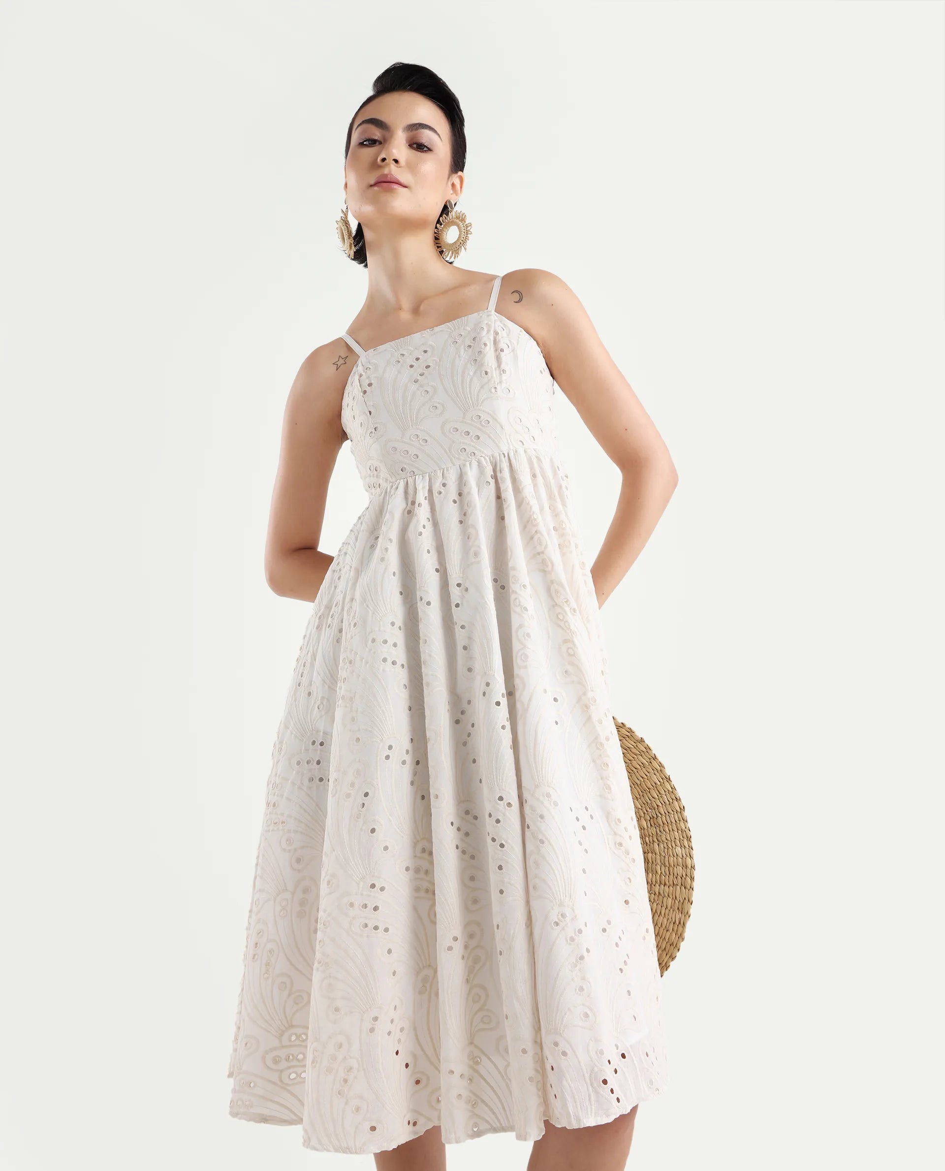 Rareism Women's Calvert White Cotton Shoulder Strap Plain Shoulder Strap Midi Fit And Flare Dress