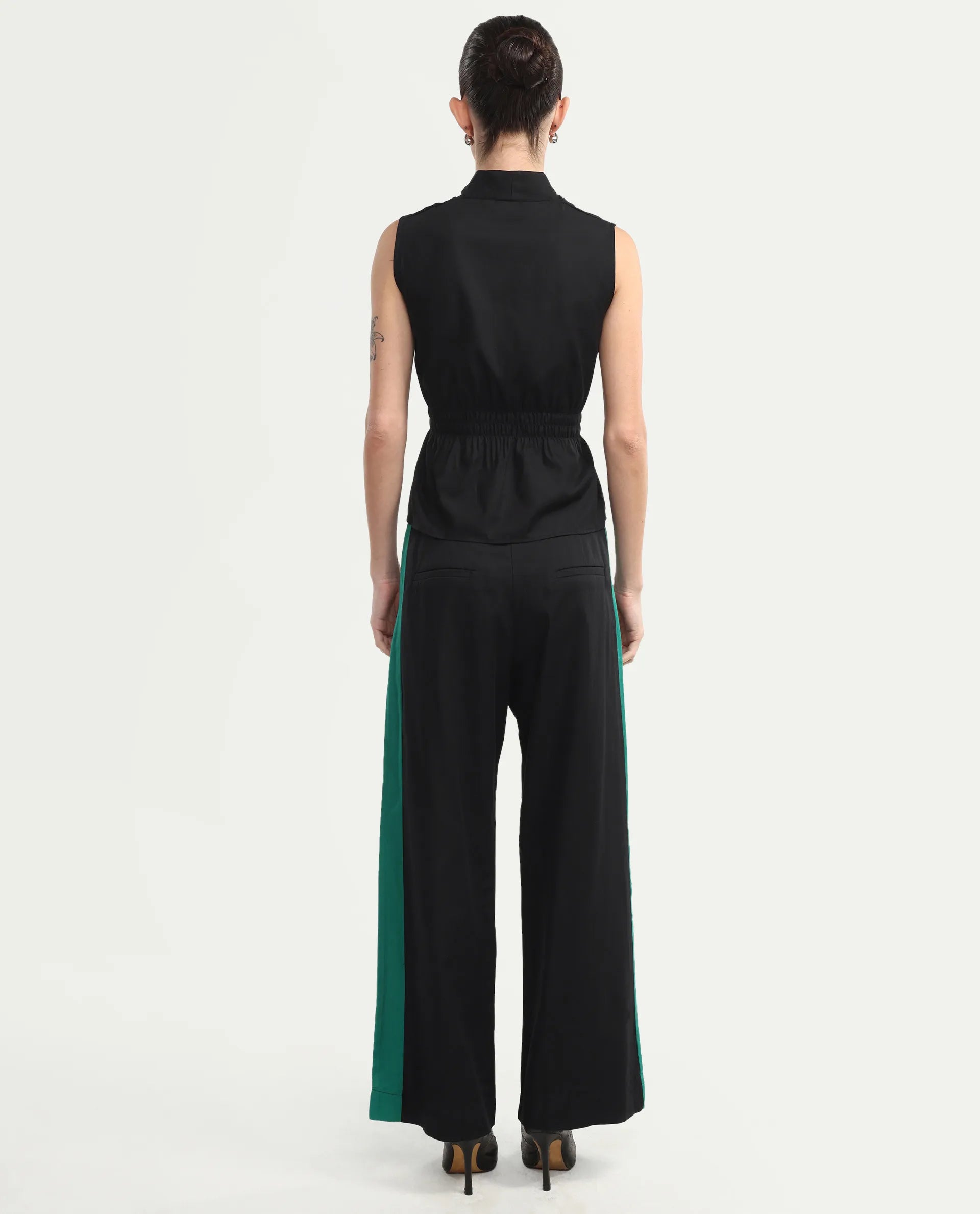 Rareism Women's Caruana-B Black Cotton Color Block Ankle Length Straight Fit Trouser