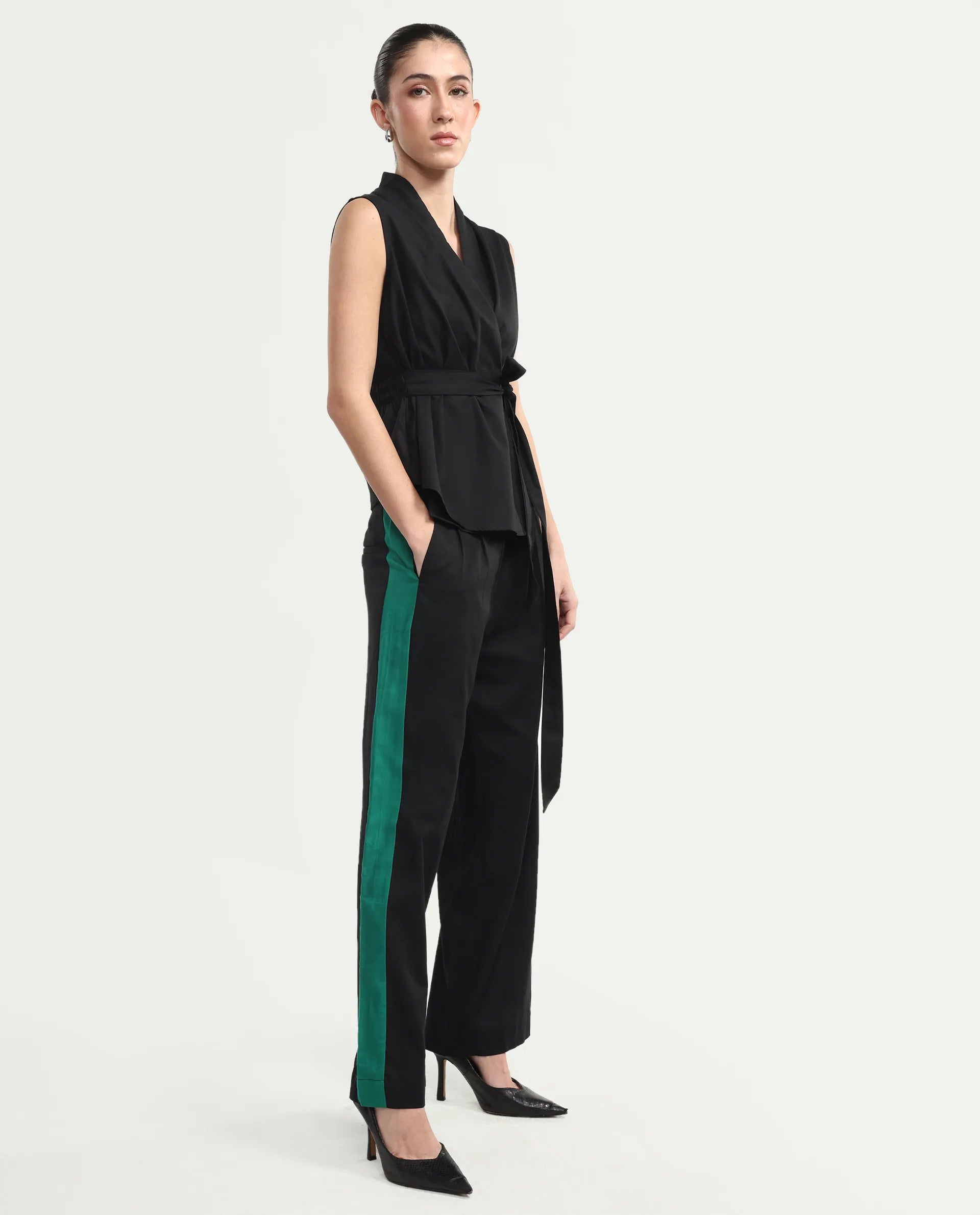 Rareism Women's Caruana-B Black Cotton Color Block Ankle Length Straight Fit Trouser