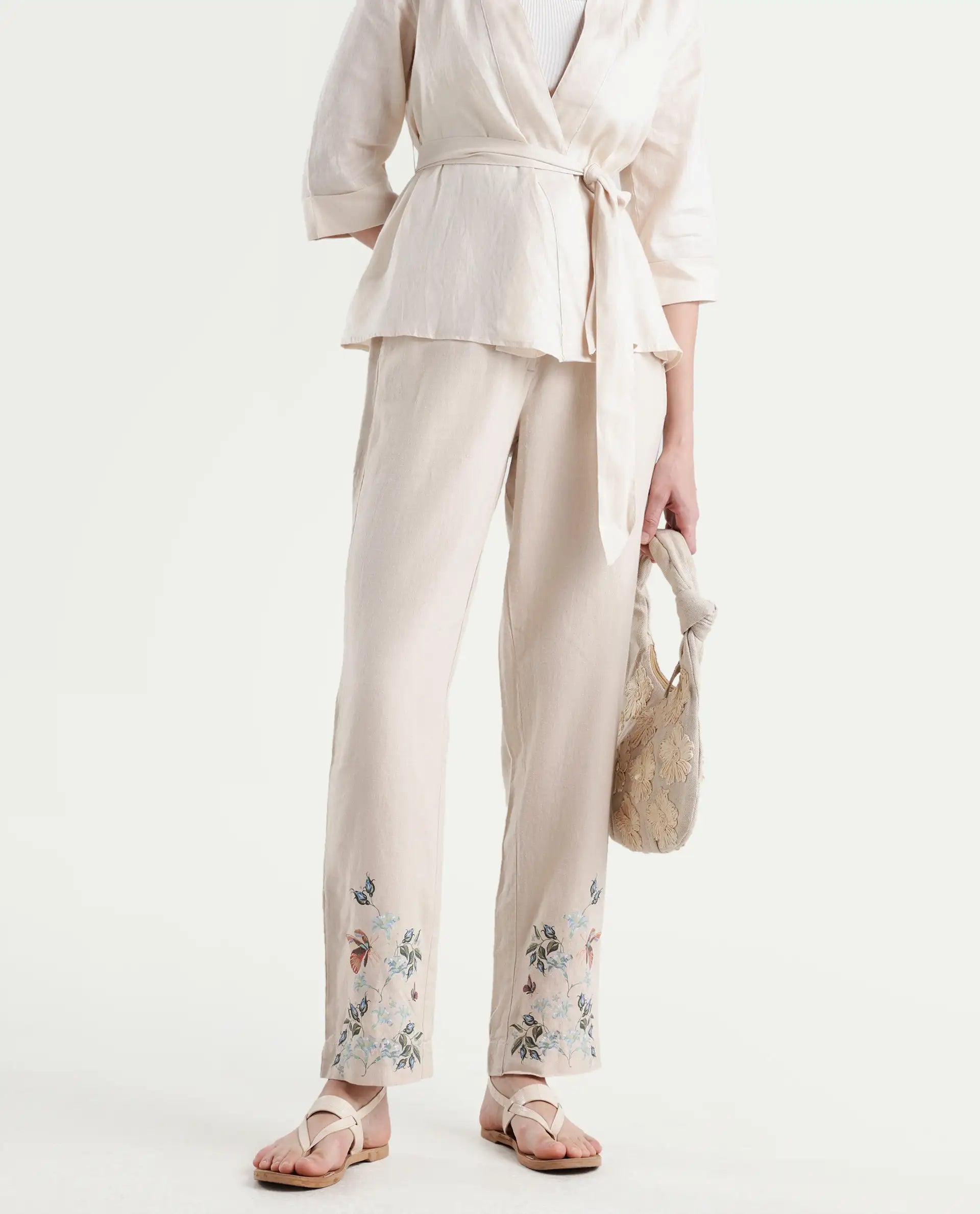 Rareism Women's Costa-B Light Beige Linen Plain Ankle Length Tapered Trouser