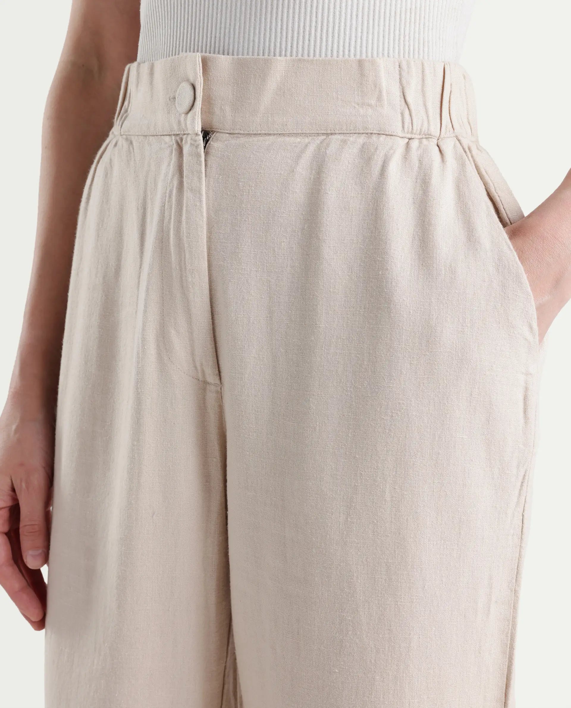 Rareism Women's Costa-B Light Beige Linen Plain Ankle Length Tapered Trouser