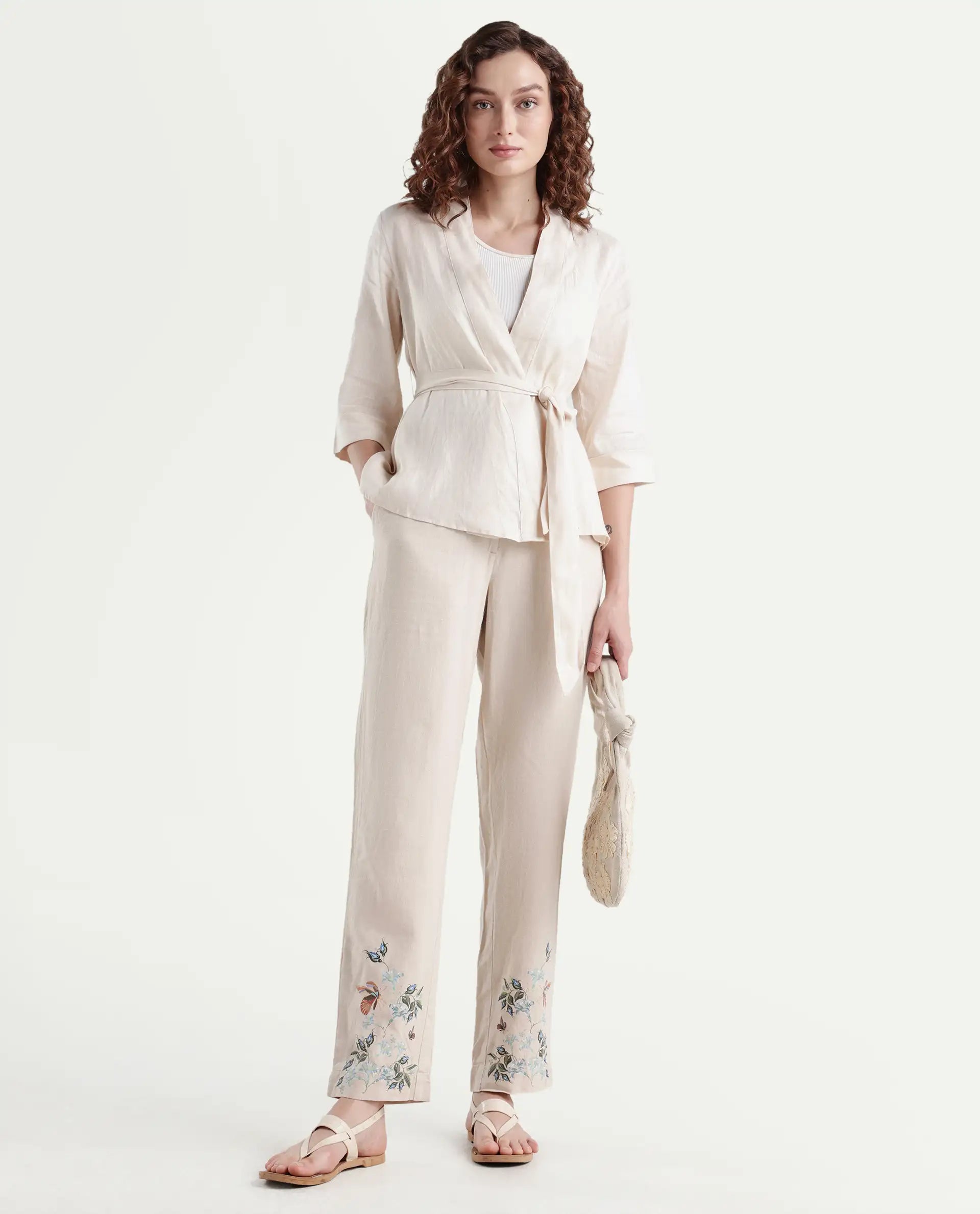 Rareism Women's Costa-B Light Beige Linen Plain Ankle Length Tapered Trouser