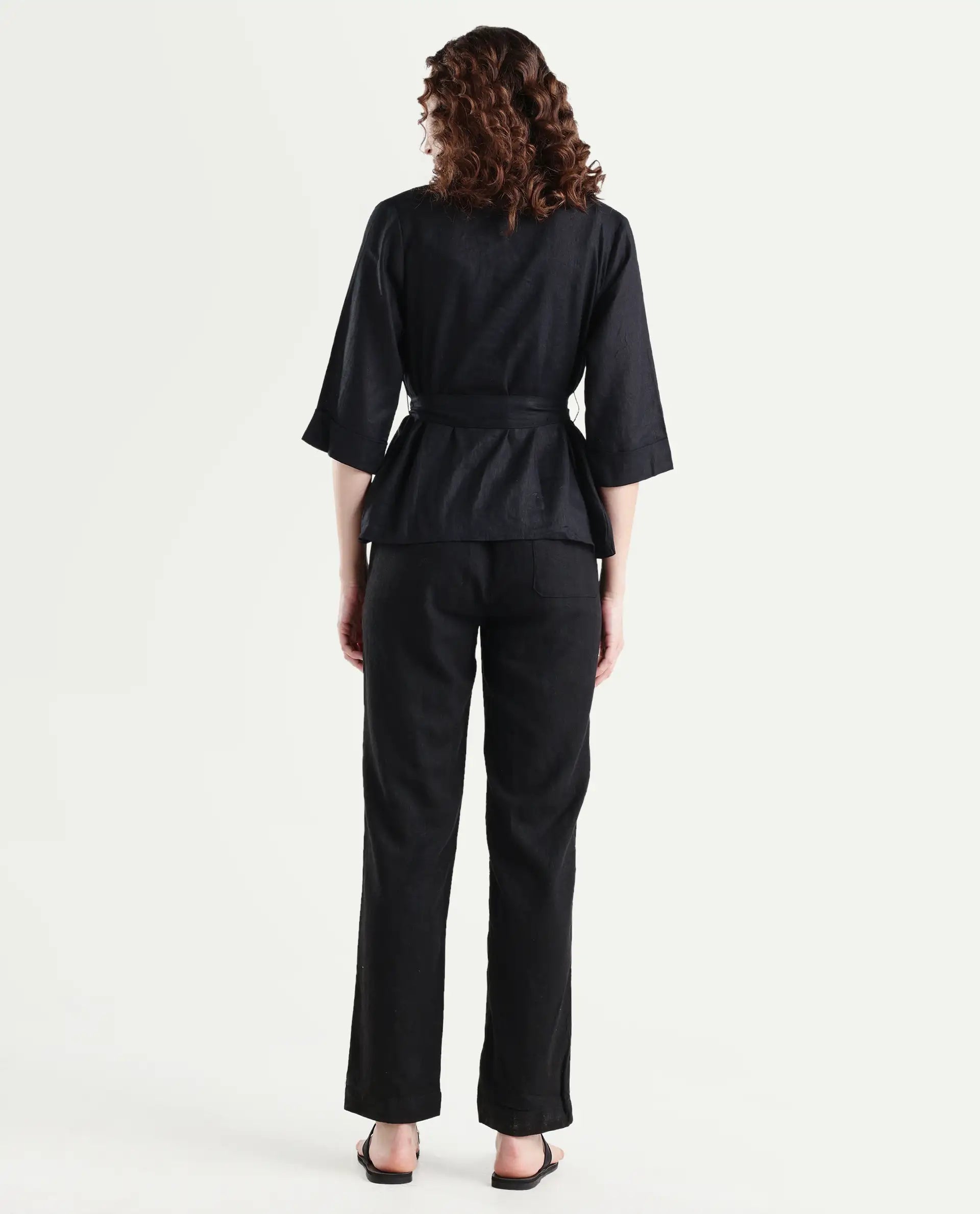 Rareism Women's Costa-B Black Linen Plain Ankle Length Tapered Trouser