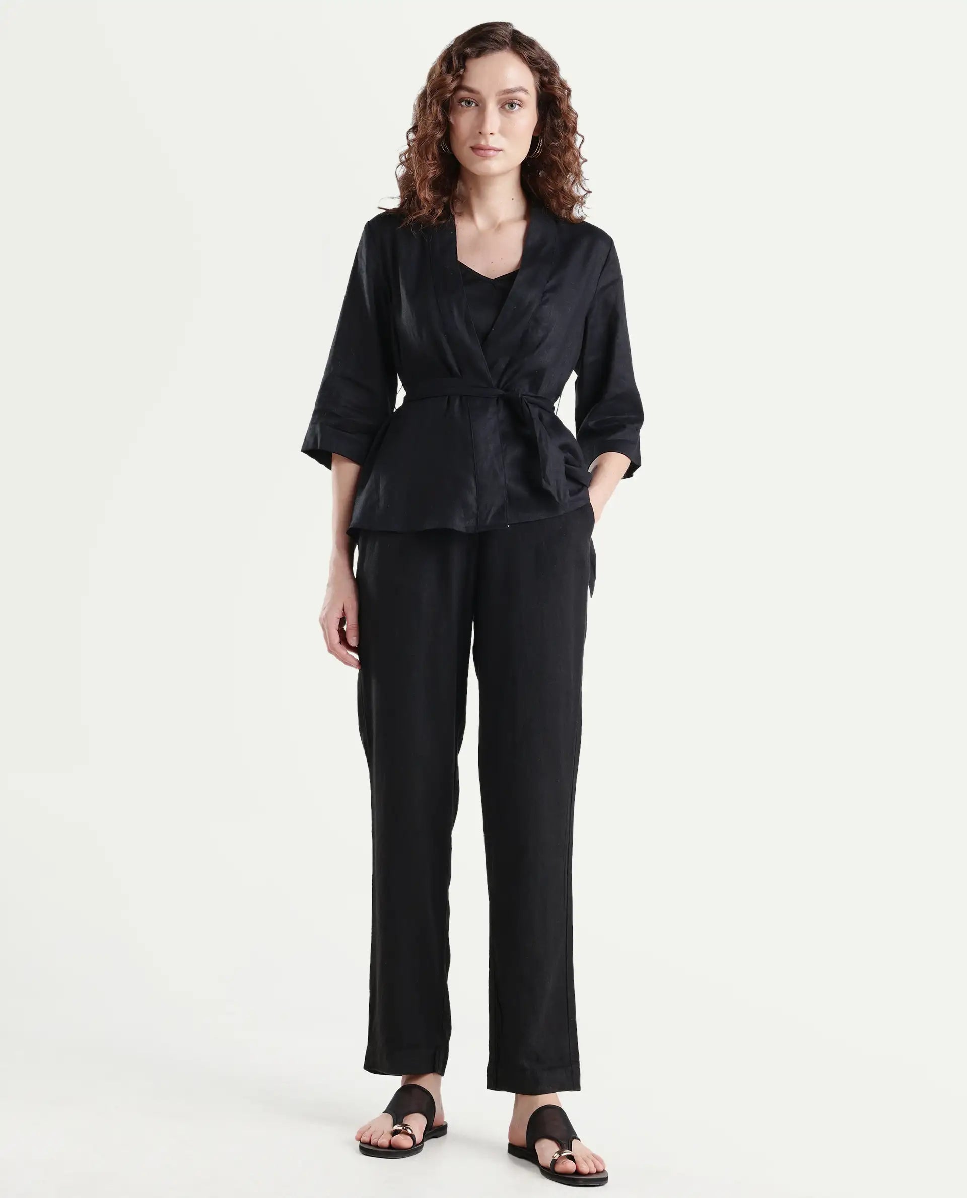 Rareism Women's Costa-B Black Linen Plain Ankle Length Tapered Trouser