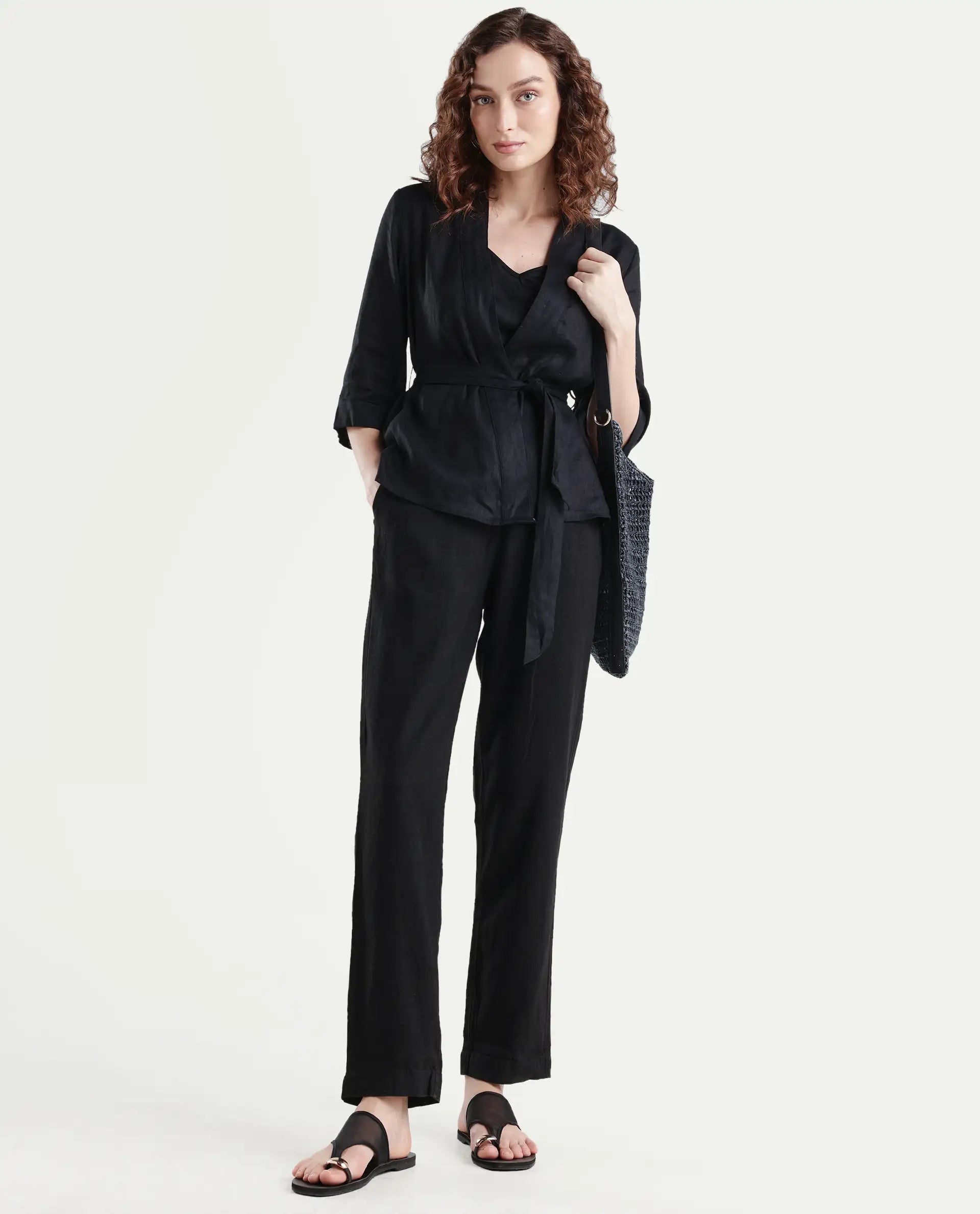 Rareism Women's Costa-B Black Linen Plain Ankle Length Tapered Trouser