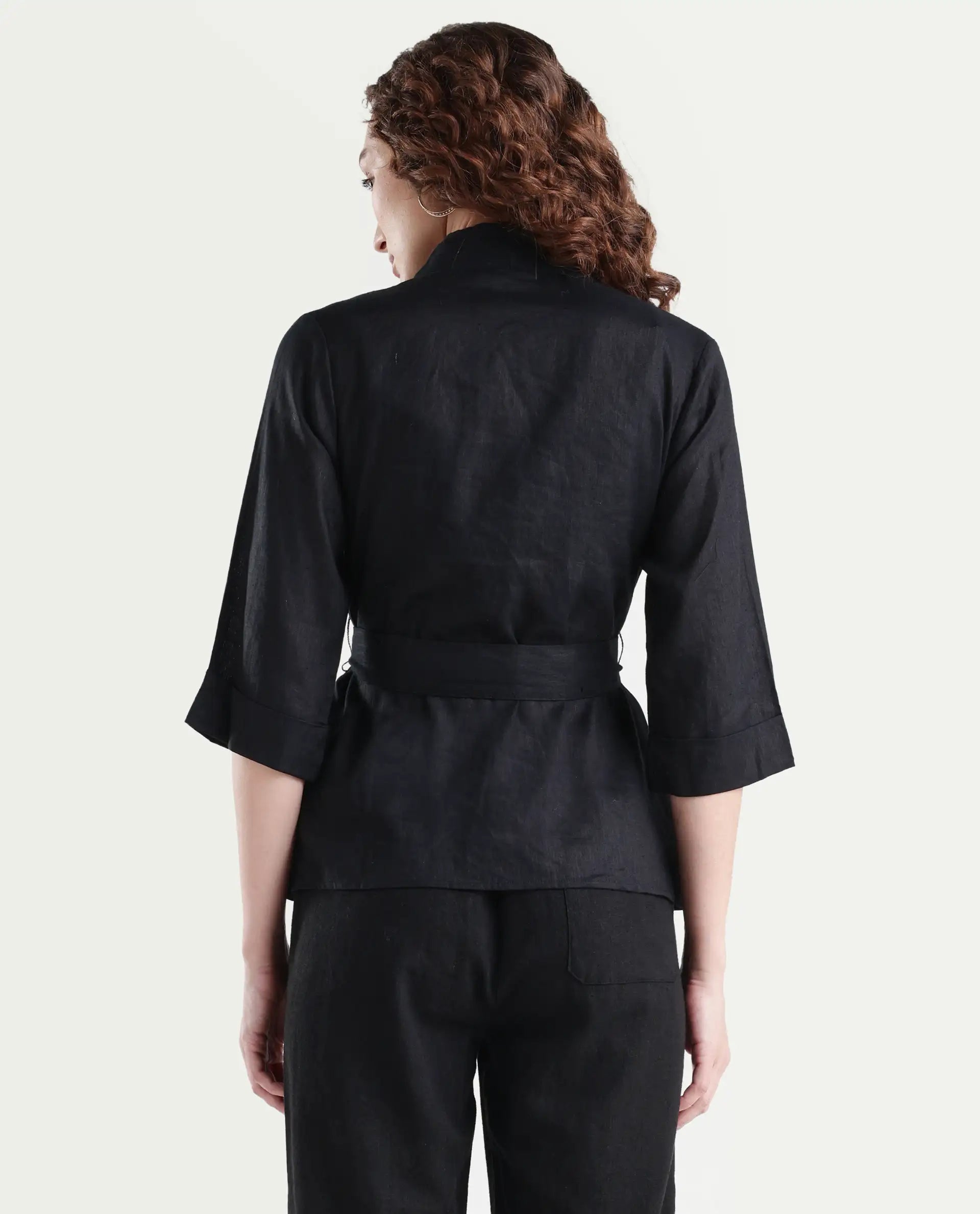 Rareism Women's Costa-T Black Cotton Blend Overlap Neck Plain Regular Fit Top