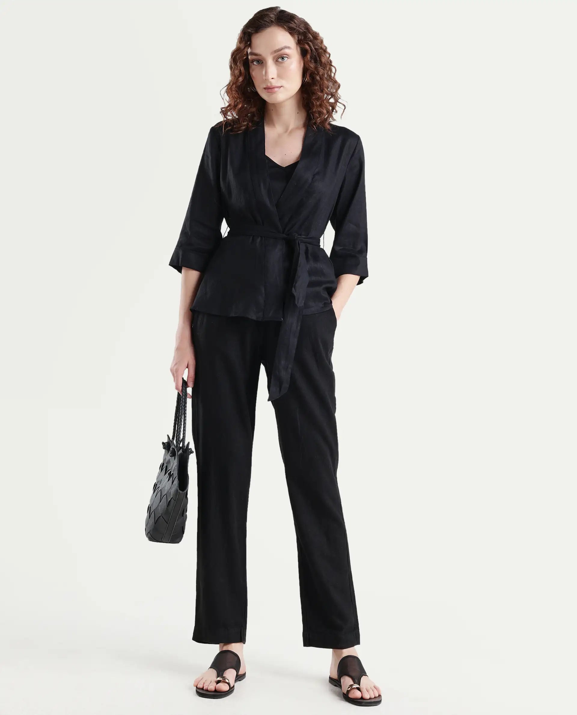 Rareism Women's Costa-T Black Cotton Blend Overlap Neck Plain Regular Fit Top