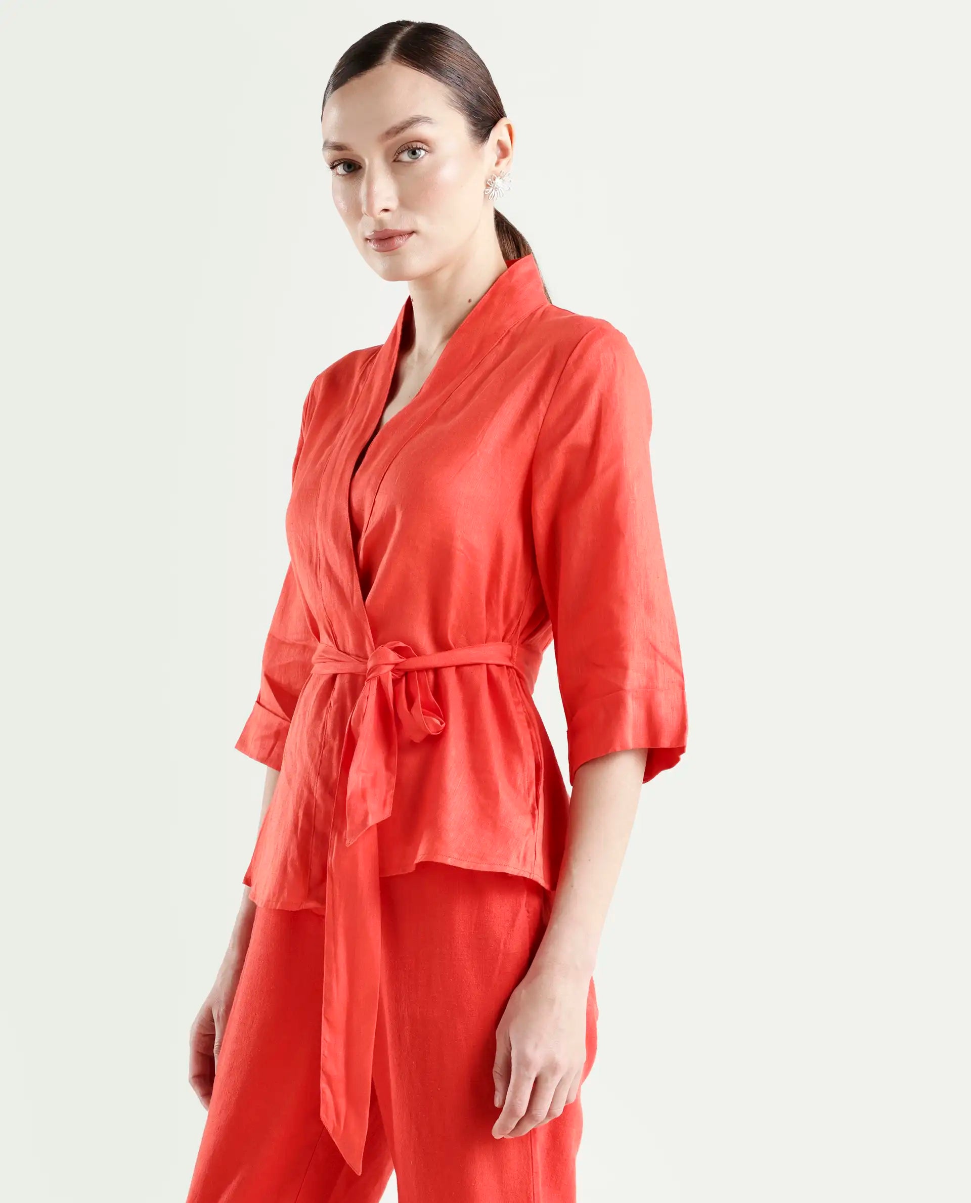 Rareism Women's Costa-T Pastel Rust Linen Blend Overlap Neck Plain Regular Fit Top