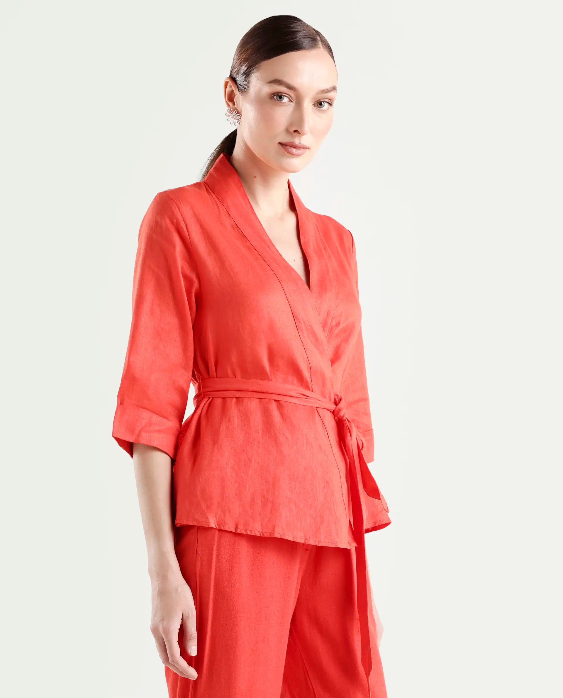 Rareism Women's Costa-T Pastel Rust Linen Blend Overlap Neck Plain Regular Fit Top