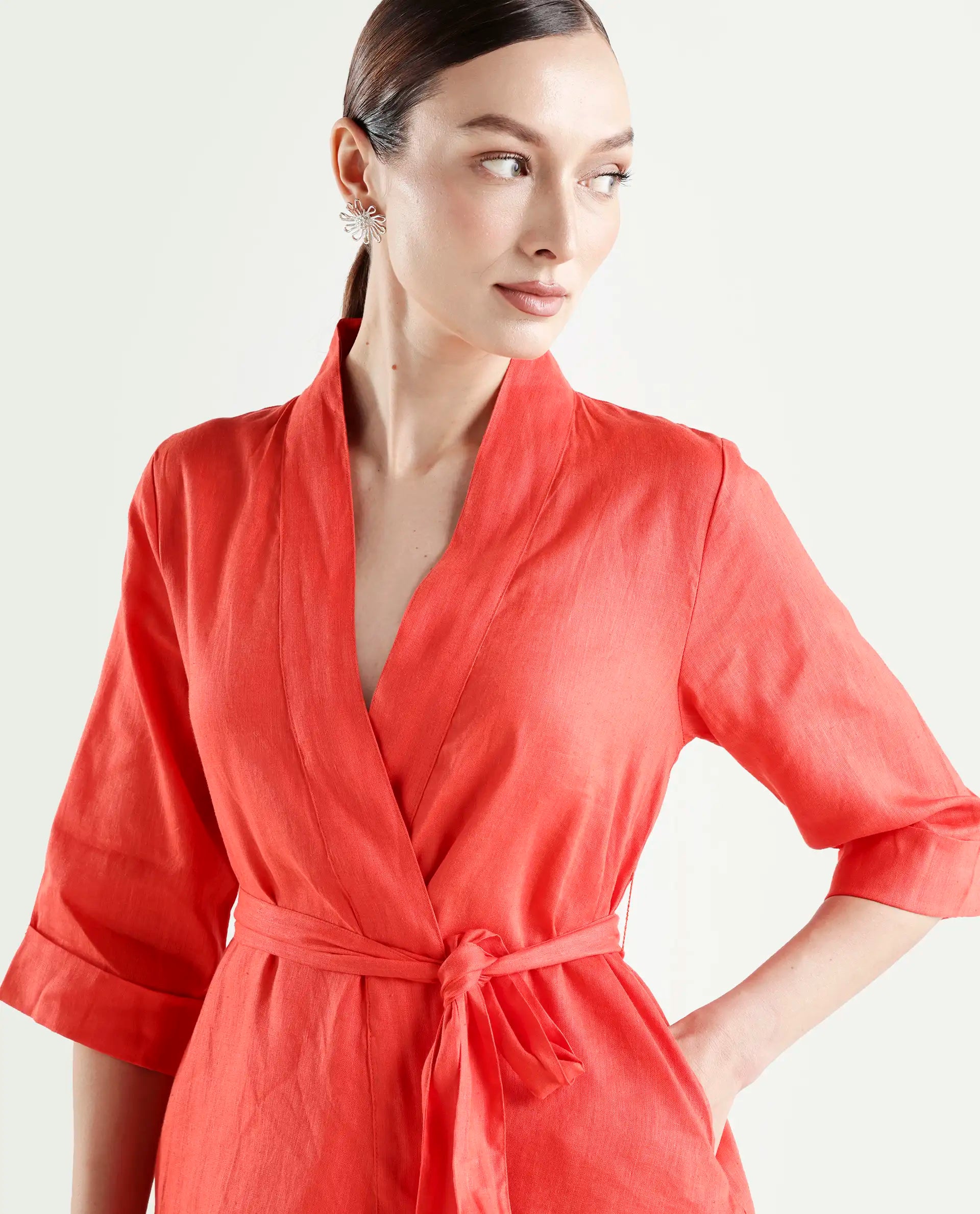 Rareism Women's Costa-T Pastel Rust Linen Blend Overlap Neck Plain Regular Fit Top