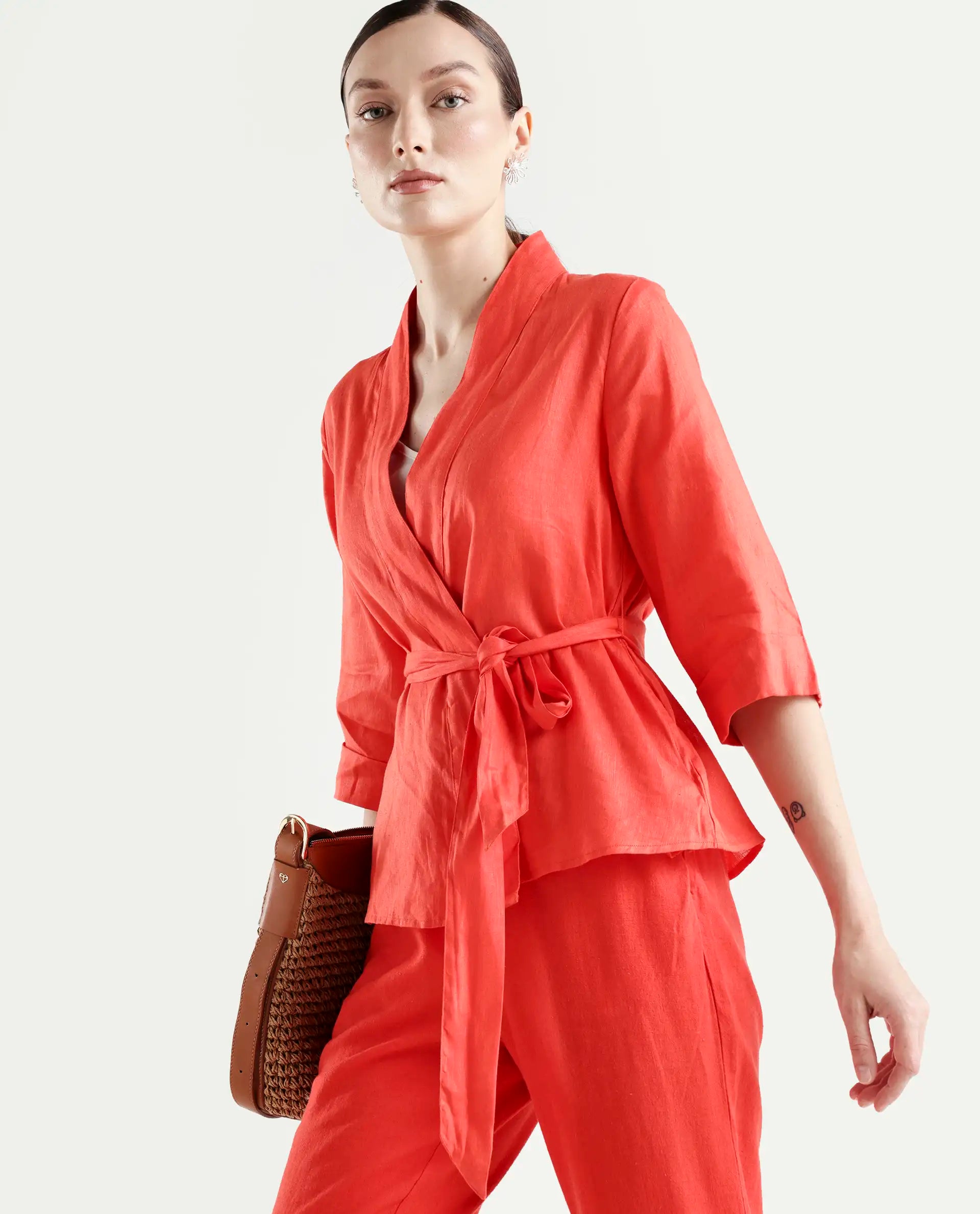 Rareism Women's Costa-T Pastel Rust Linen Blend Overlap Neck Plain Regular Fit Top