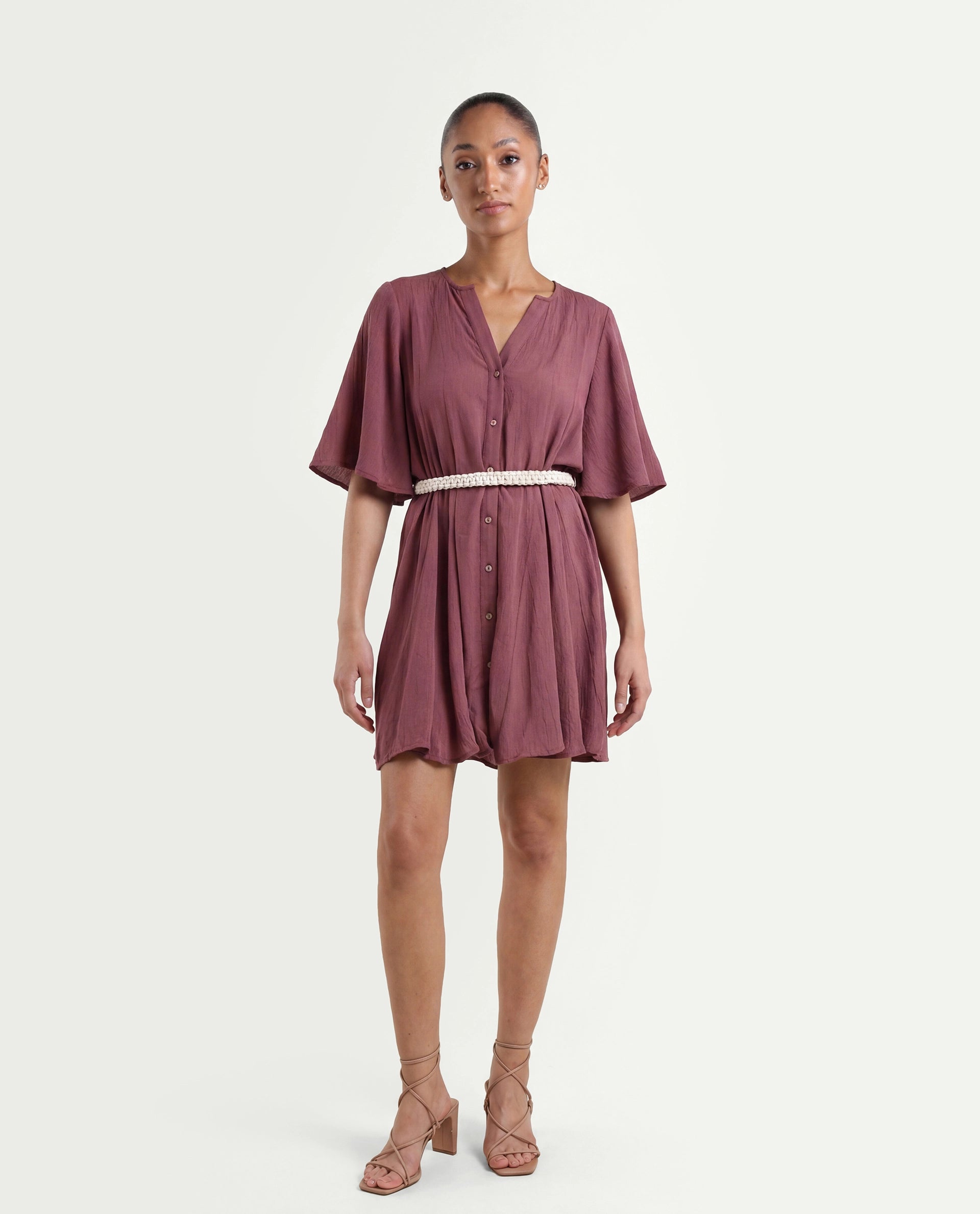 Rareism Women's Gildmore Maroon Rayon V-Neck Plain Flared Sleeve Mini Flared Dress