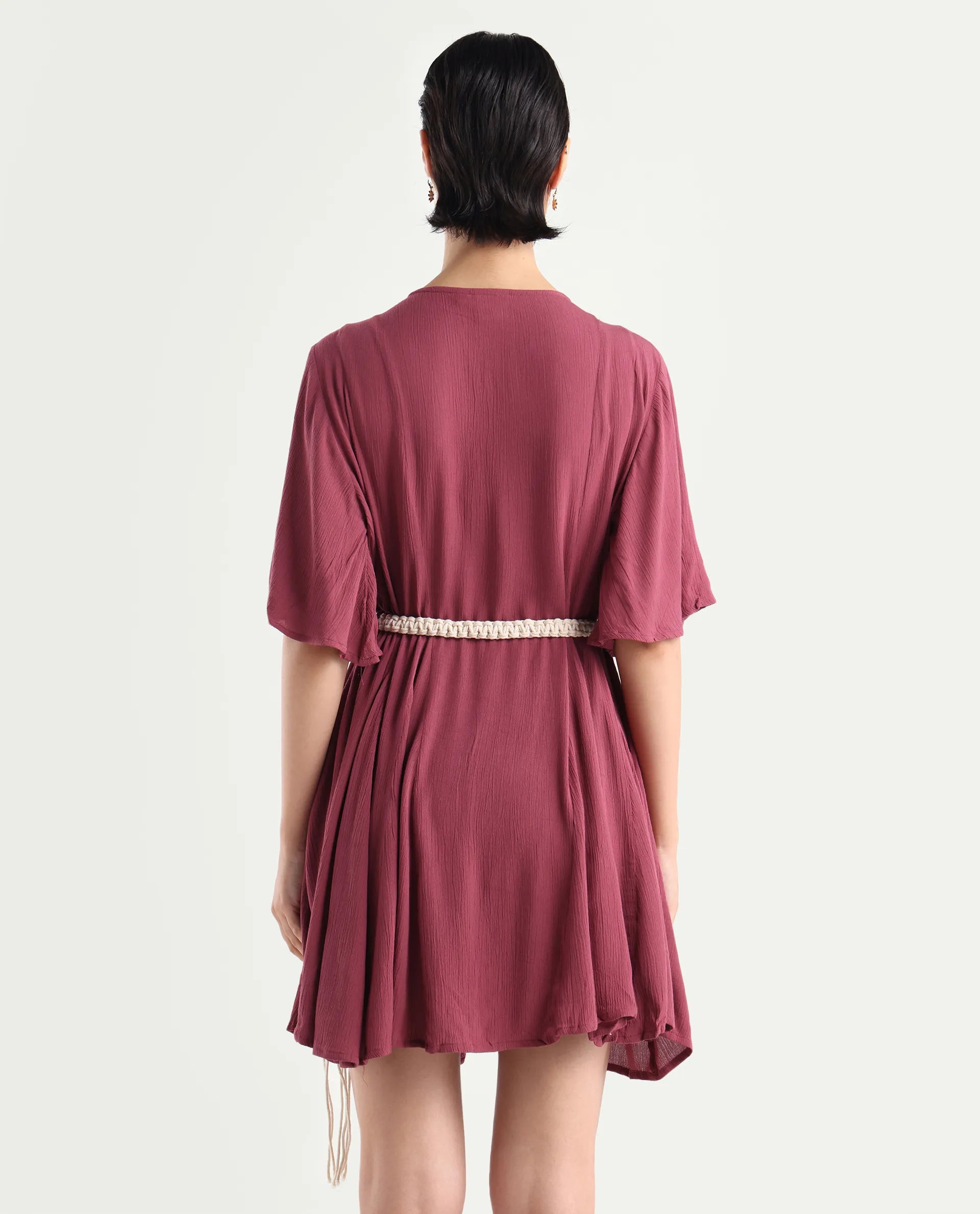 Rareism Women's Gildmore Maroon Rayon V-Neck Plain Flared Sleeve Mini Flared Dress