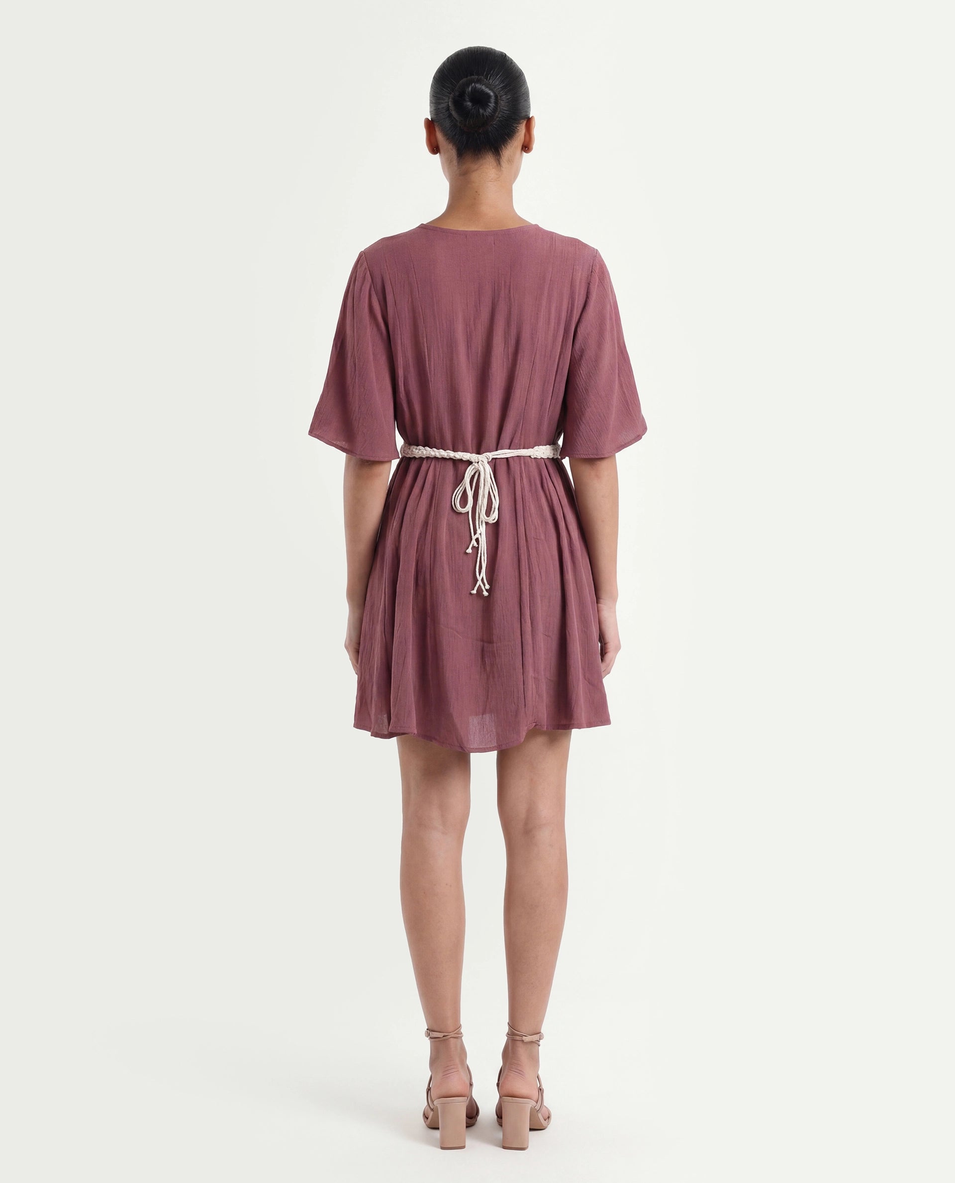 Rareism Women's Gildmore Maroon Rayon V-Neck Plain Flared Sleeve Mini Flared Dress