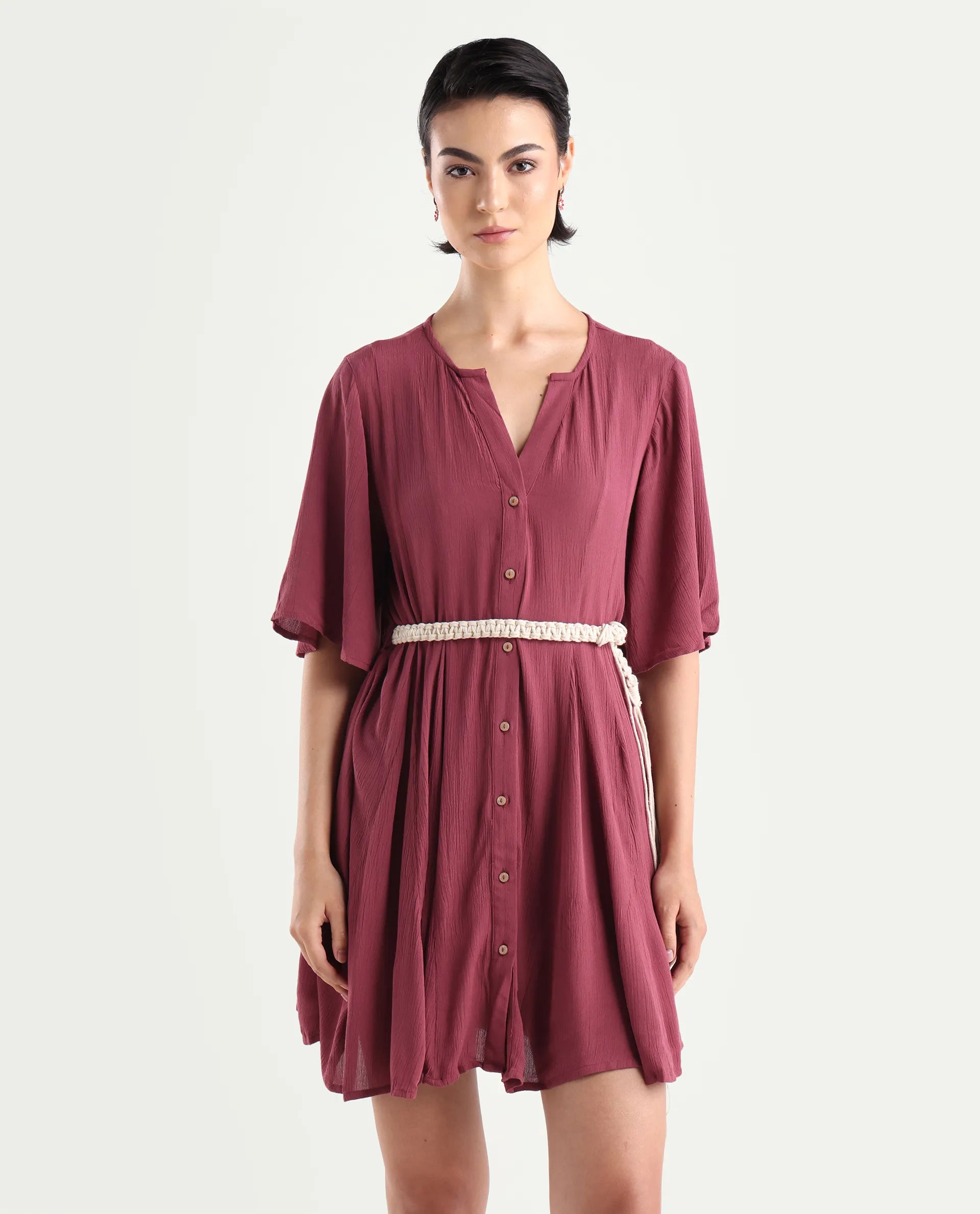 Rareism Women's Gildmore Maroon Rayon V-Neck Plain Flared Sleeve Mini Flared Dress