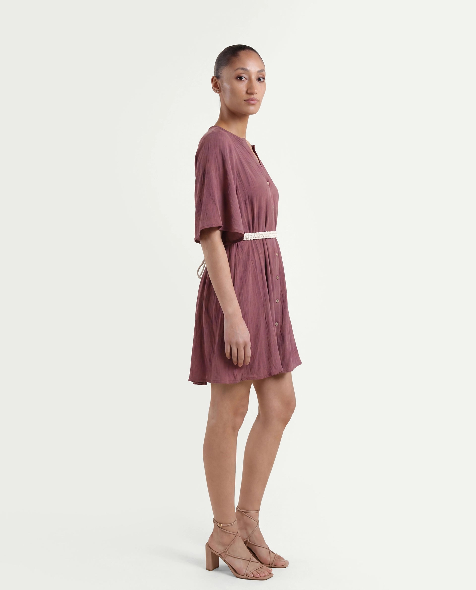 Rareism Women's Gildmore Maroon Rayon V-Neck Plain Flared Sleeve Mini Flared Dress