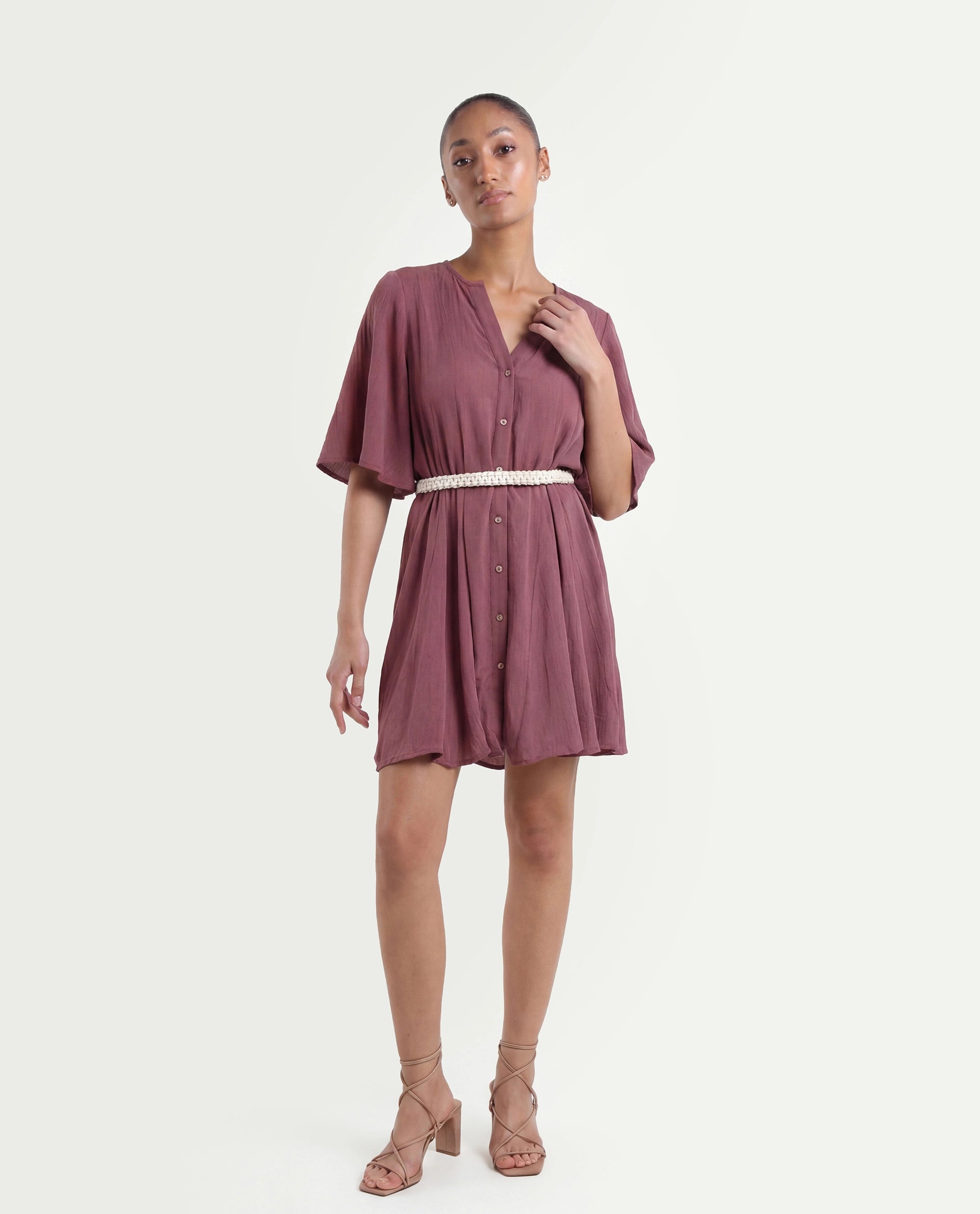 Rareism Women's Gildmore Maroon Rayon V-Neck Plain Flared Sleeve Mini Flared Dress
