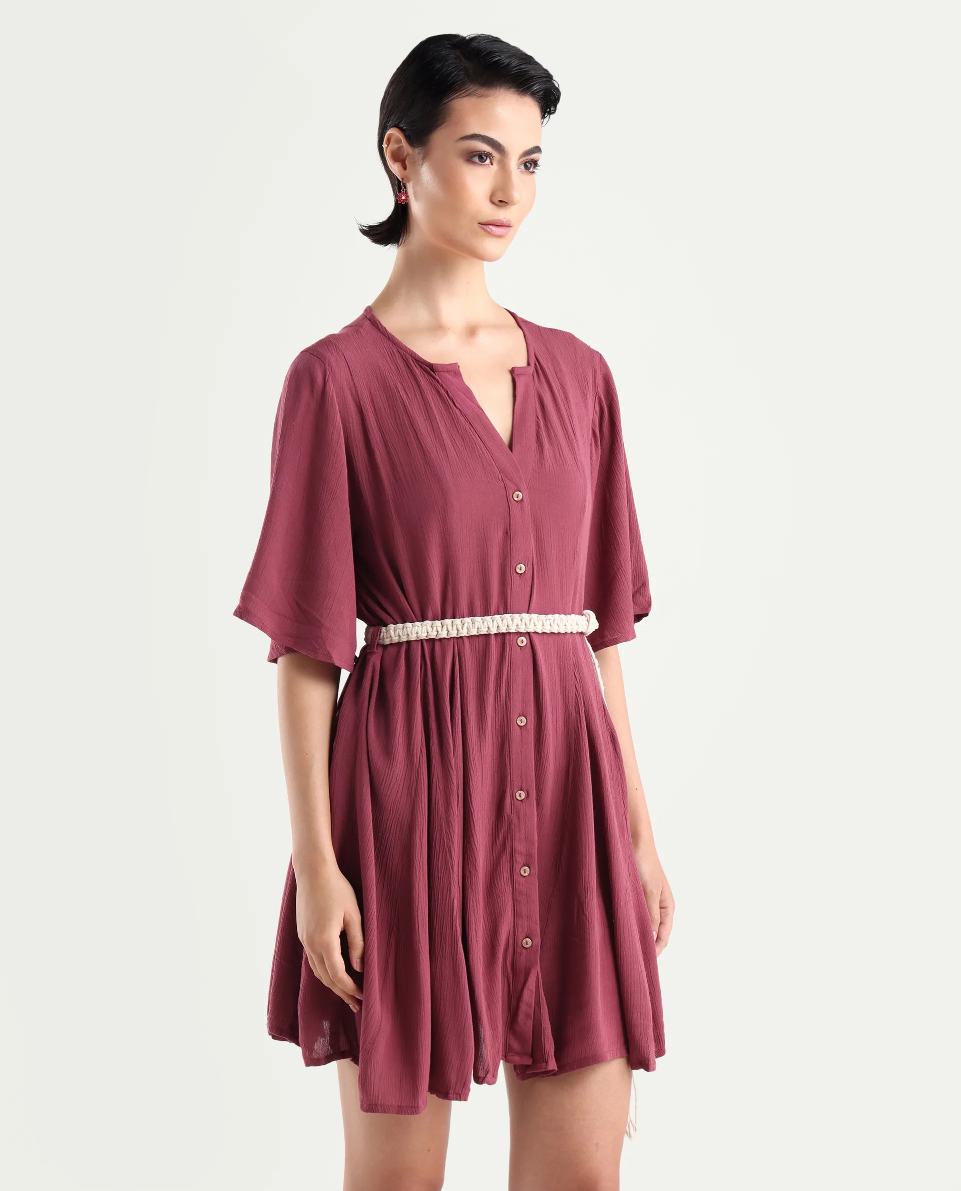 Rareism Women's Gildmore Maroon Rayon V-Neck Plain Flared Sleeve Mini Flared Dress