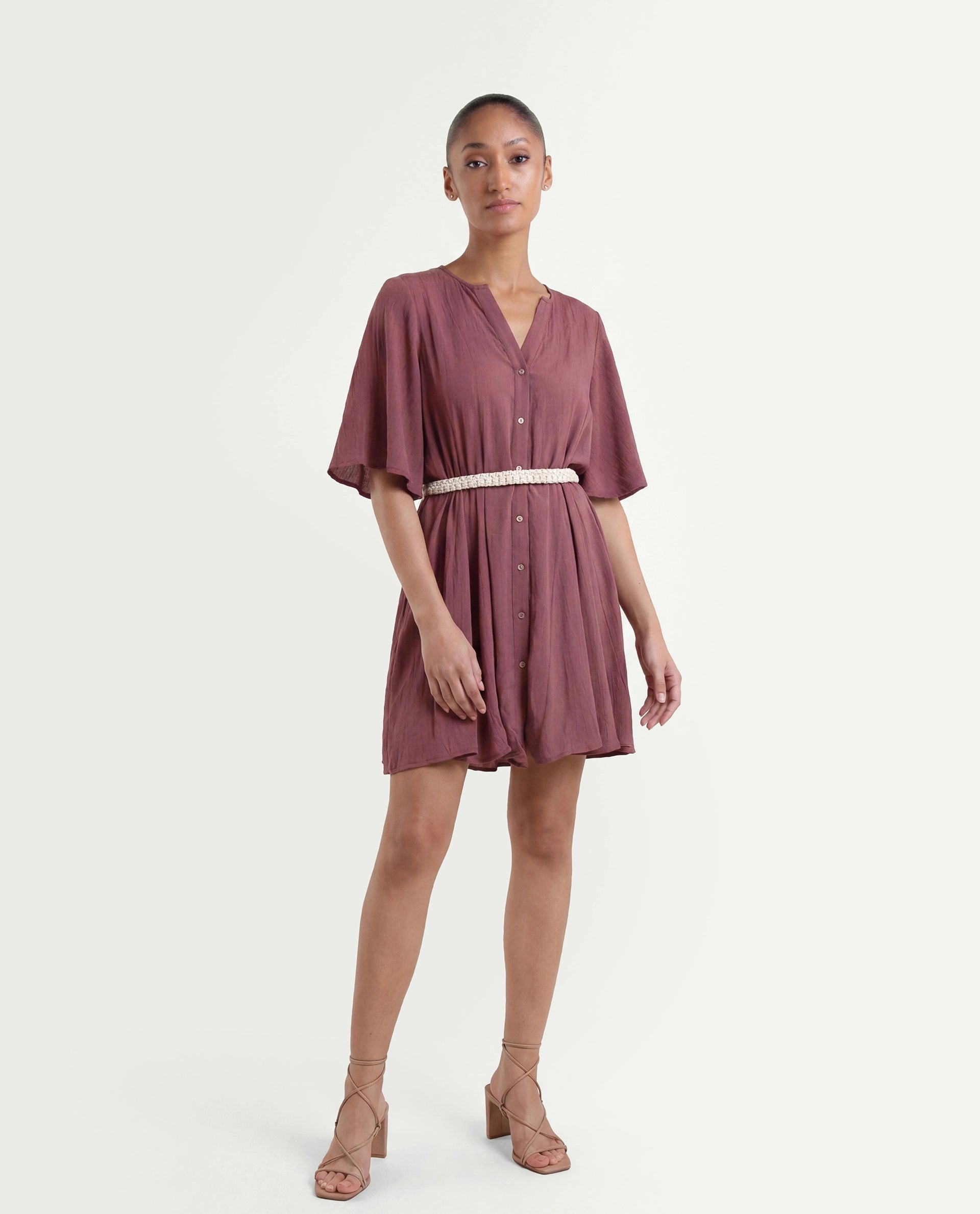 Rareism Women's Gildmore Maroon Rayon V-Neck Plain Flared Sleeve Mini Flared Dress