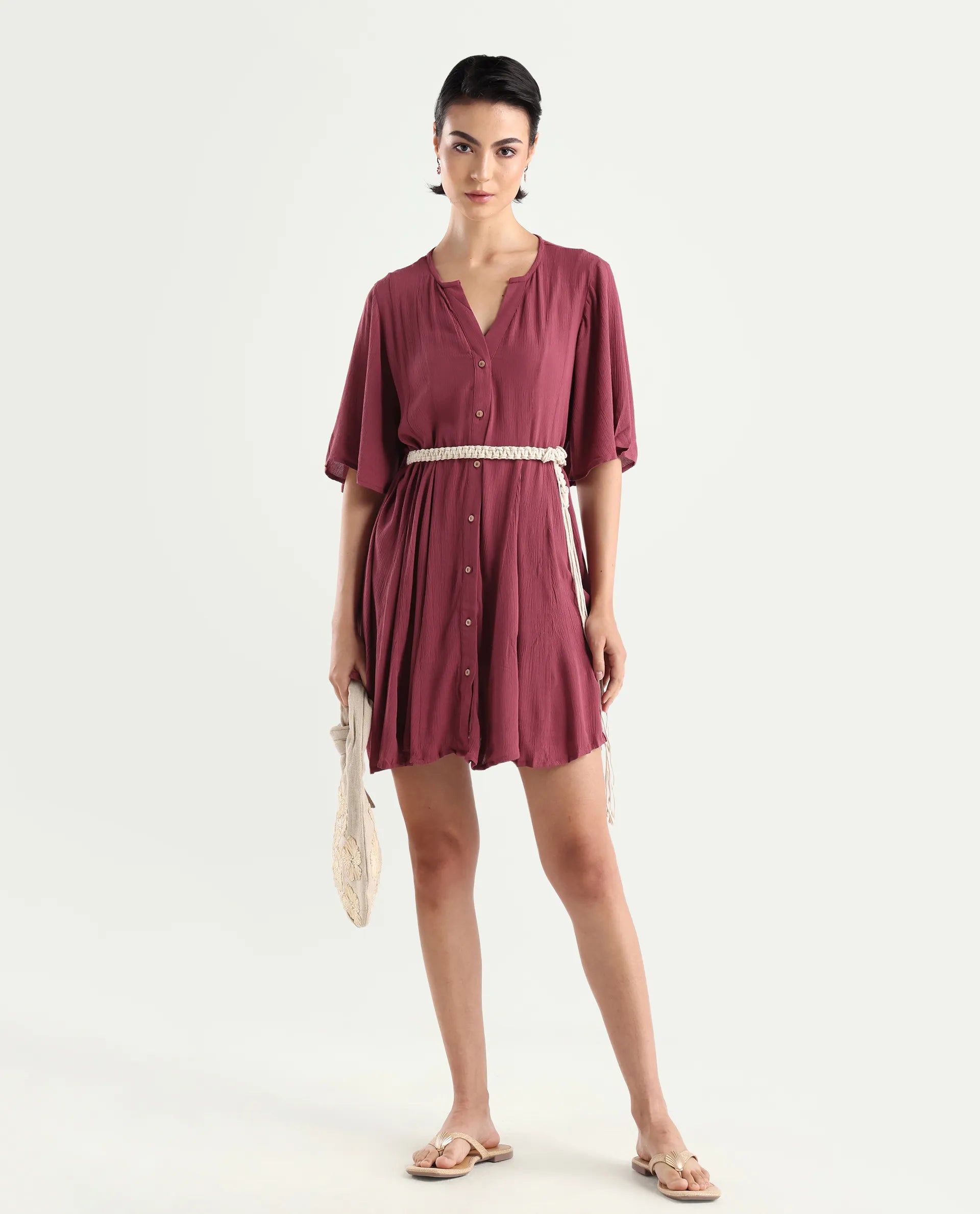 Rareism Women's Gildmore Maroon Rayon V-Neck Plain Flared Sleeve Mini Flared Dress