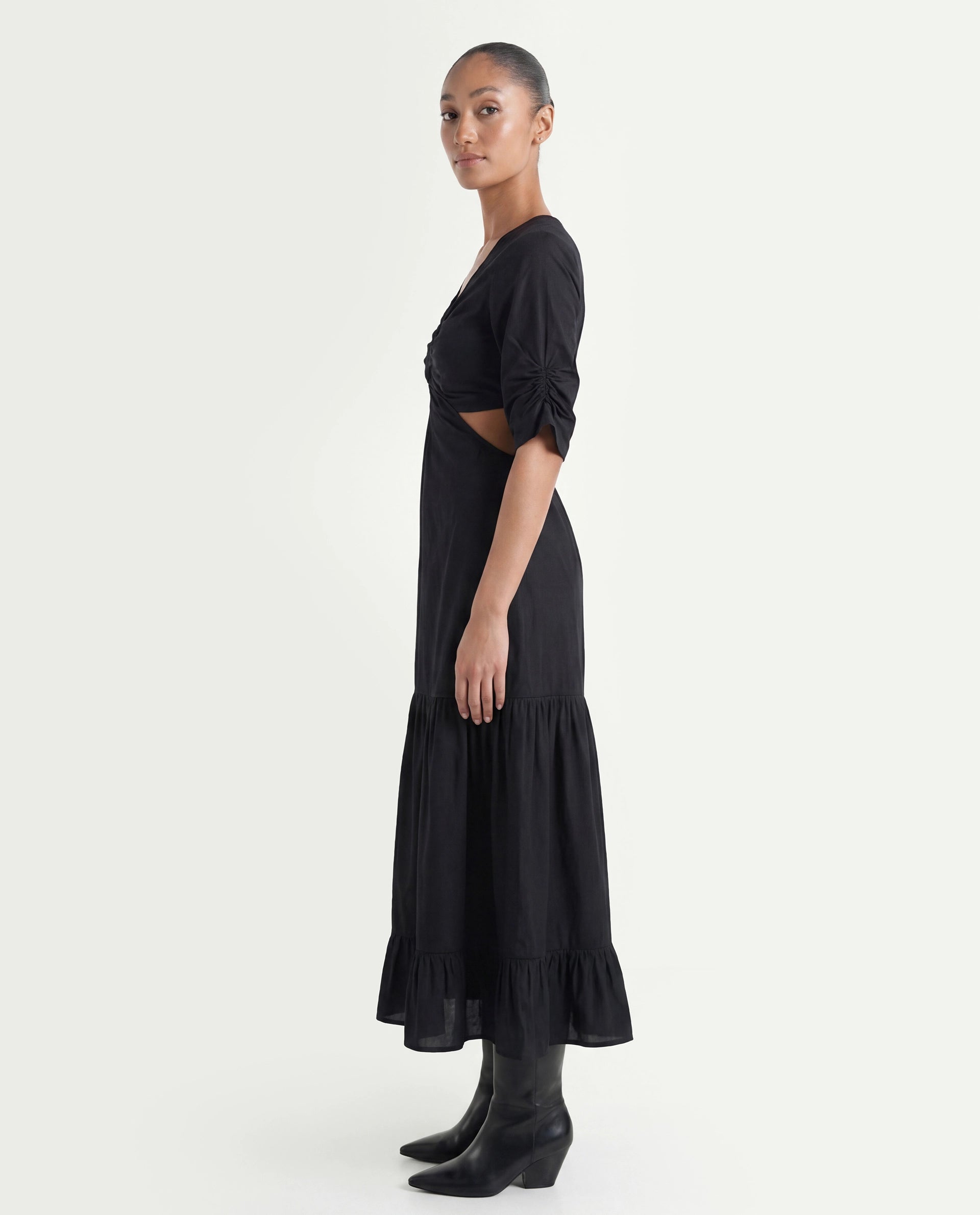 Rareism Women's Lesman Black Cotton V-Neck Plain Puff Sleeves Maxi Fit And Flare Dress