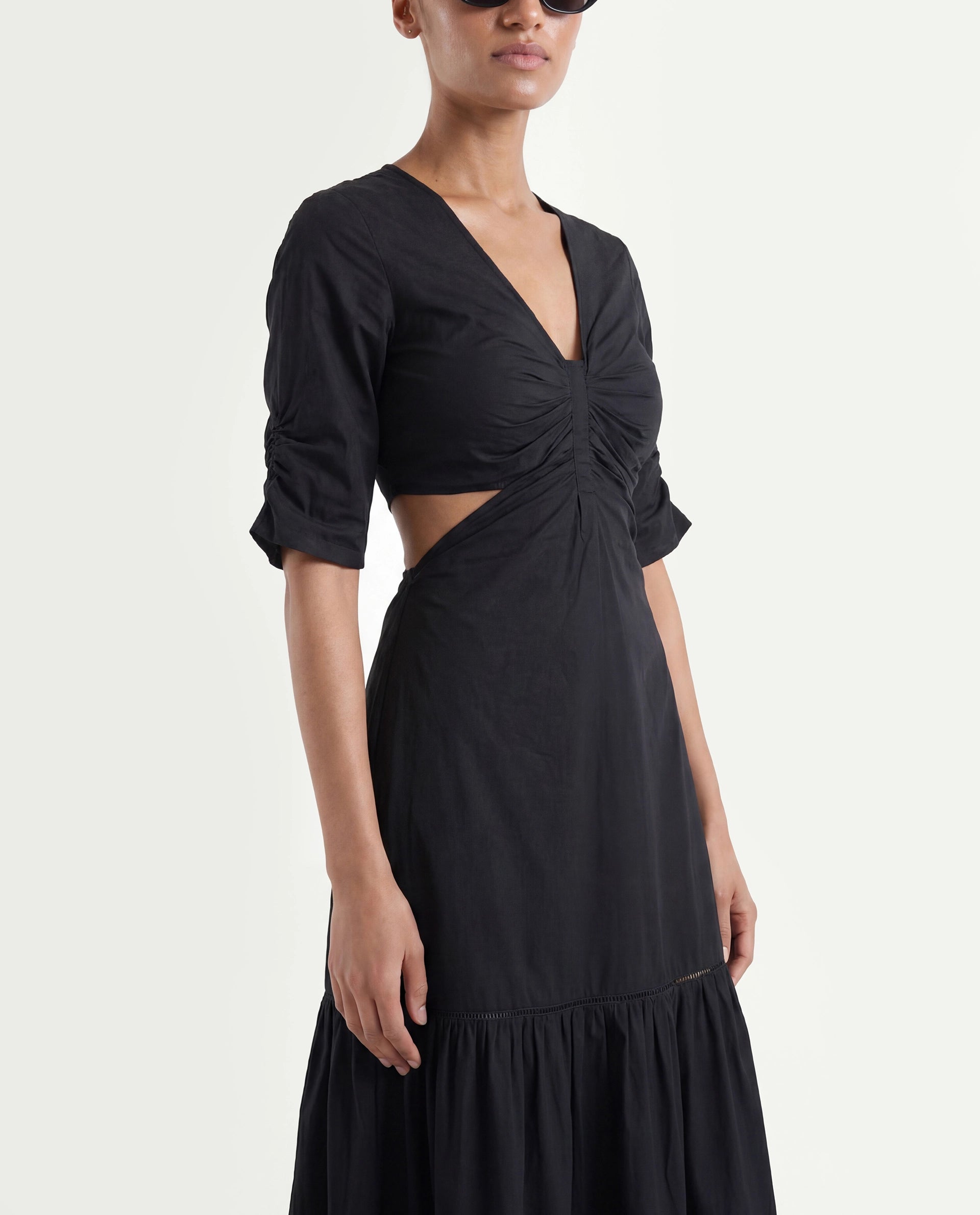 Rareism Women's Lesman Black Cotton V-Neck Plain Puff Sleeves Maxi Fit And Flare Dress
