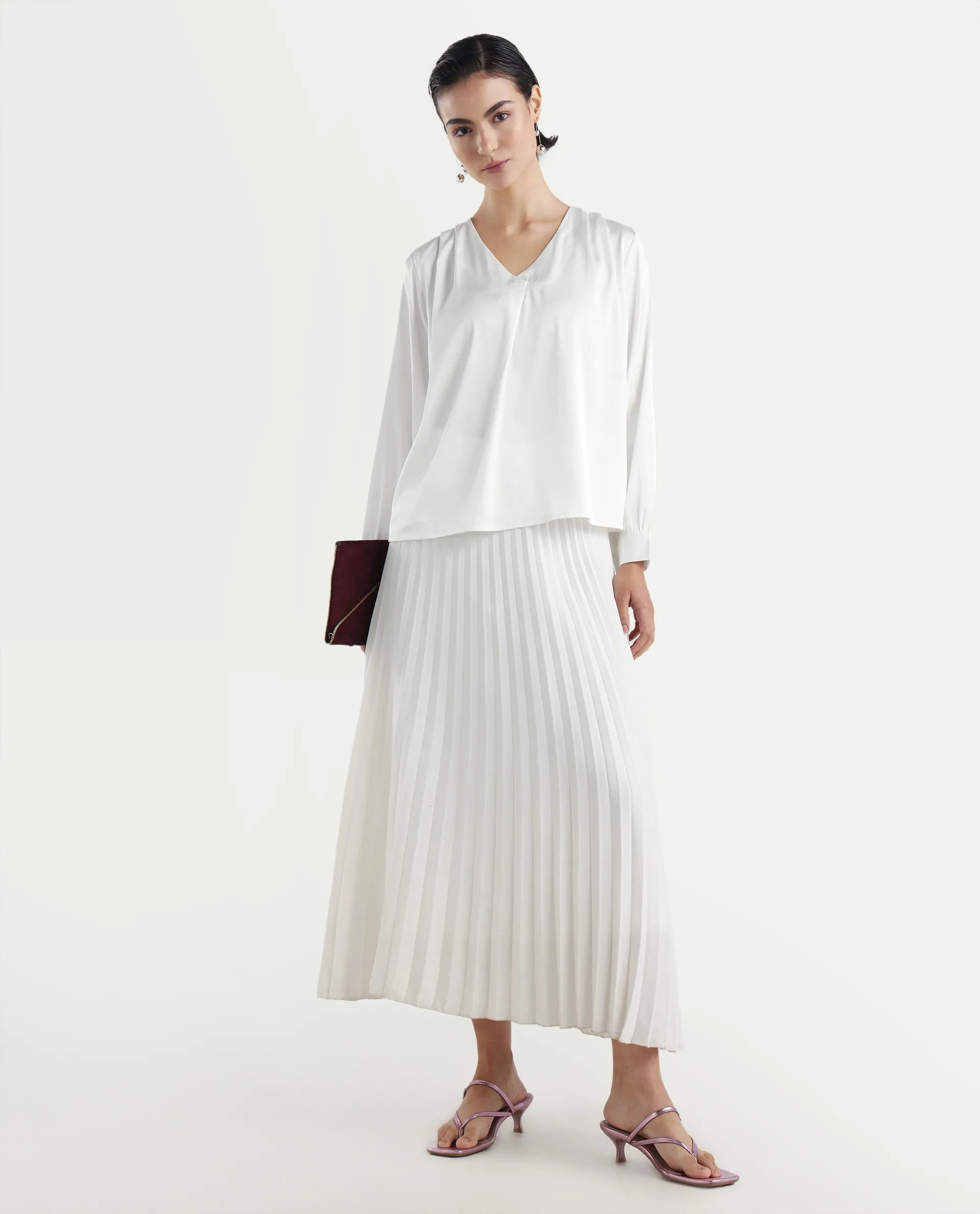 Rareism Women's Lohan White Polyester V-Neck Plain Cuffed Sleeve Regular Fit Top