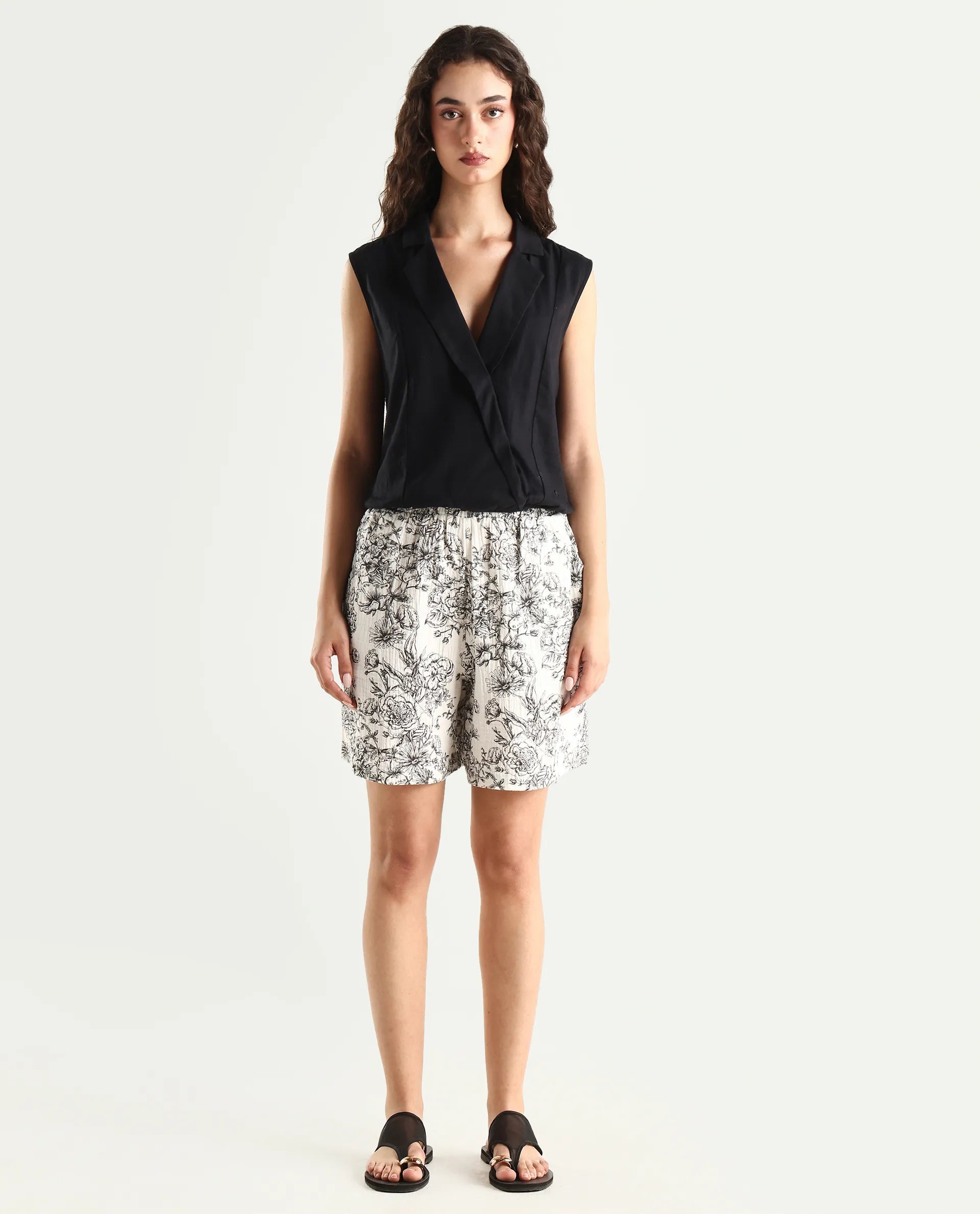 Rareism Women's Lorainet Off White Cotton Floral Print Mini Relaxed Fit Shorts