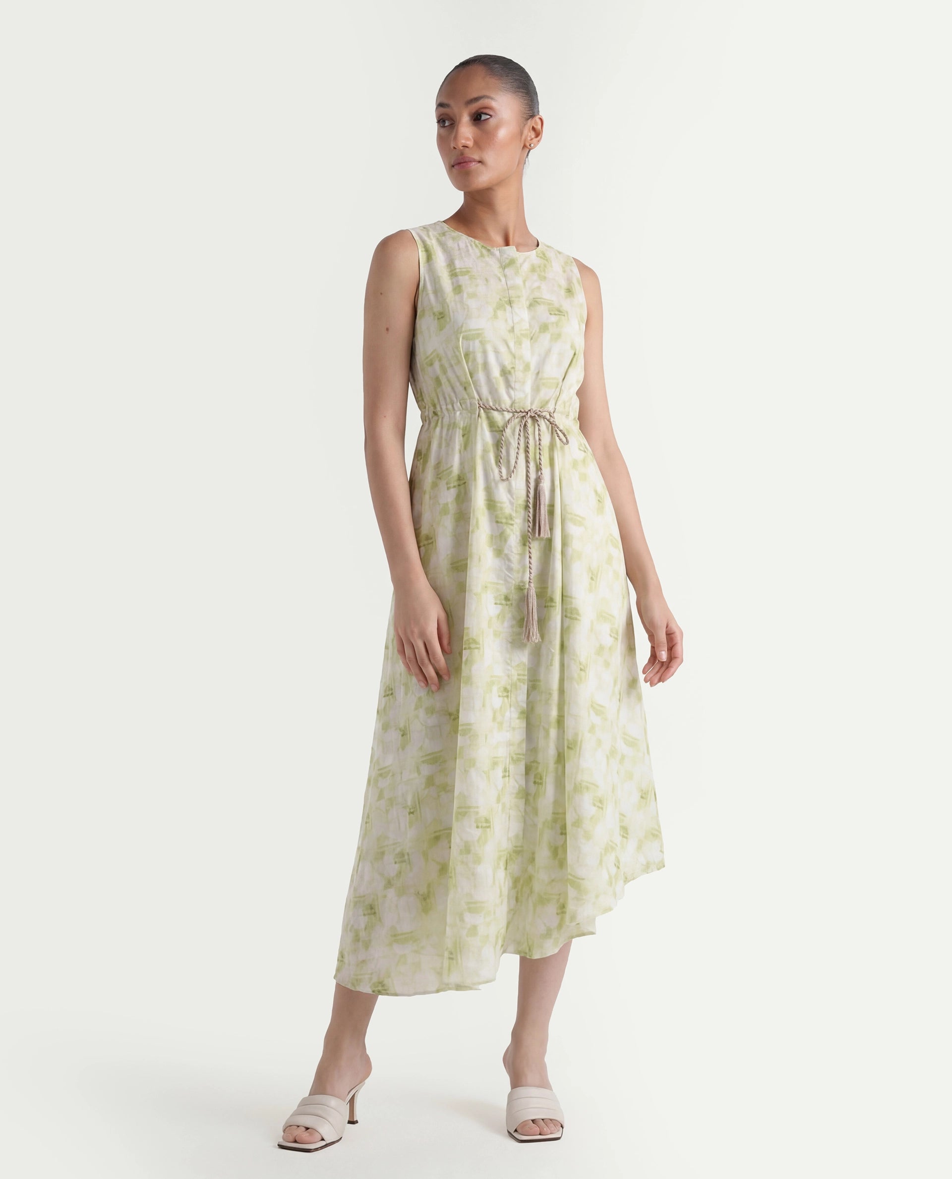 Rareism Women's Loralai Green Cotton Crew Neck Geometric Print Sleeveless Maxi Flared Dress