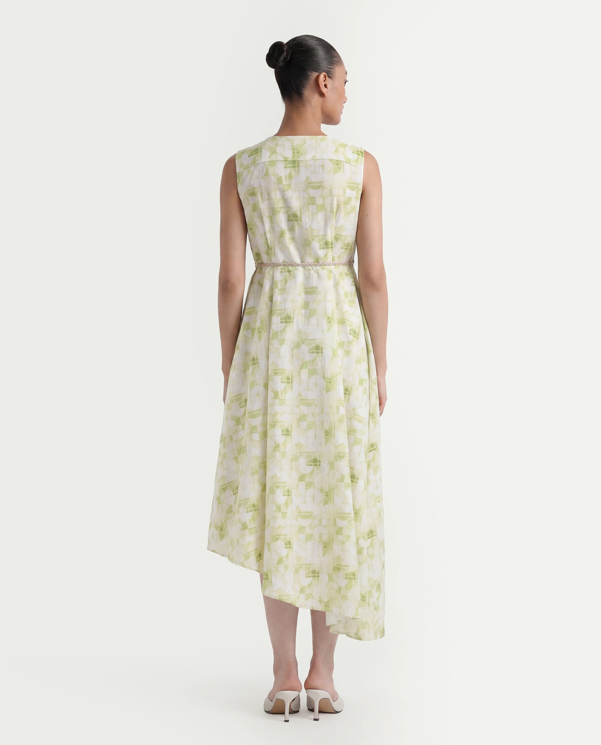 Rareism Women's Loralai Green Cotton Crew Neck Geometric Print Sleeveless Maxi Flared Dress