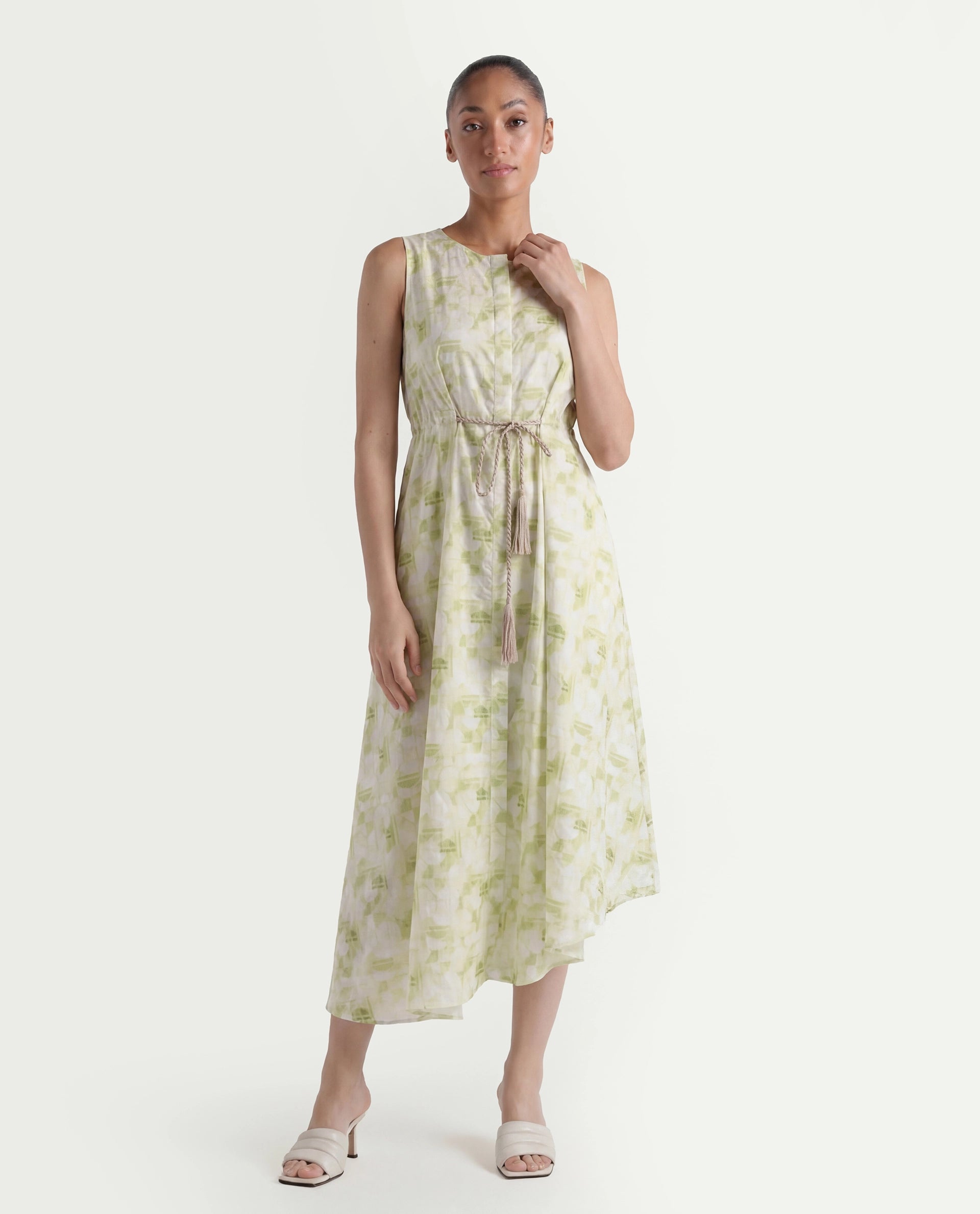 Rareism Women's Loralai Green Cotton Crew Neck Geometric Print Sleeveless Maxi Flared Dress