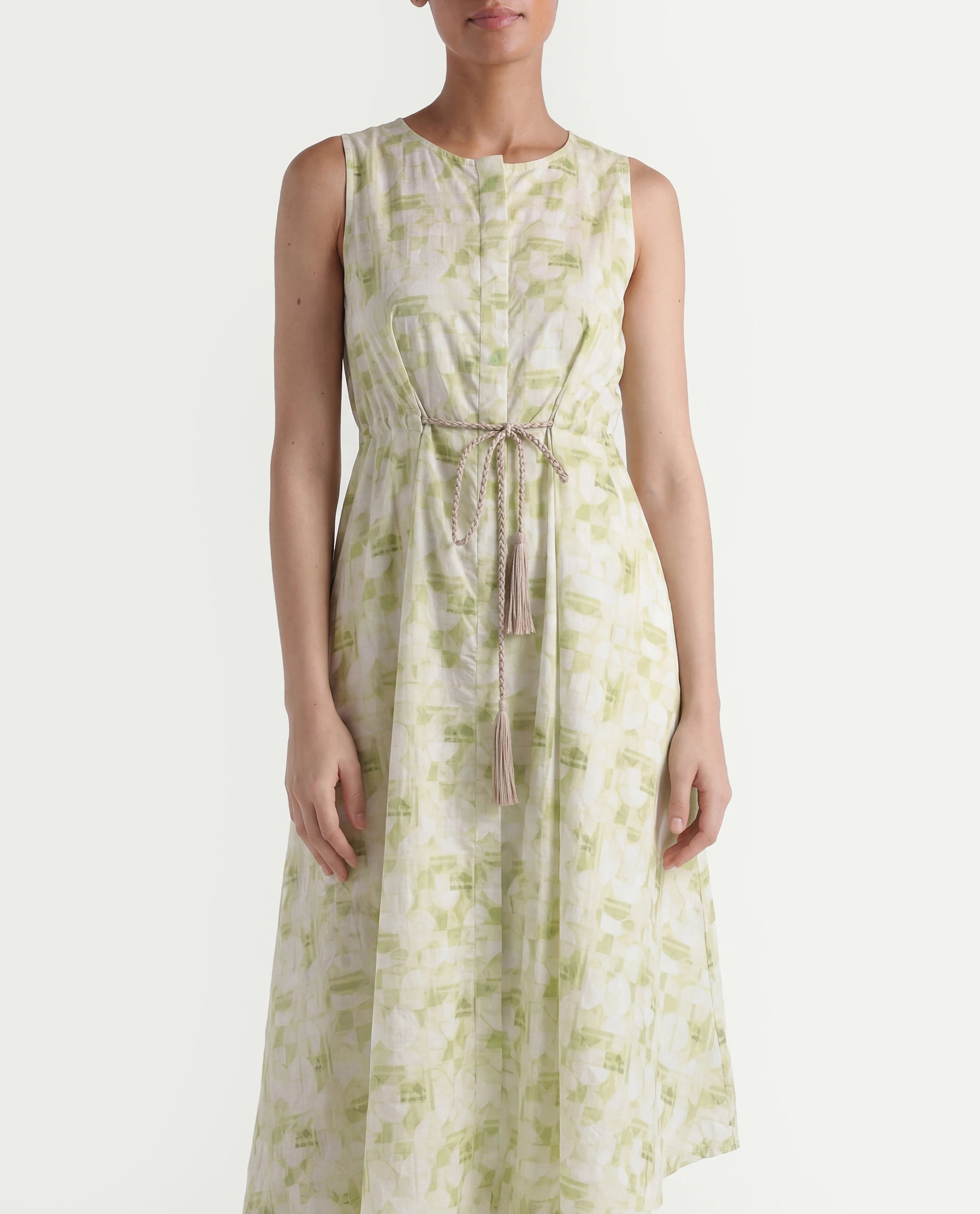 Rareism Women's Loralai Green Cotton Crew Neck Geometric Print Sleeveless Maxi Flared Dress