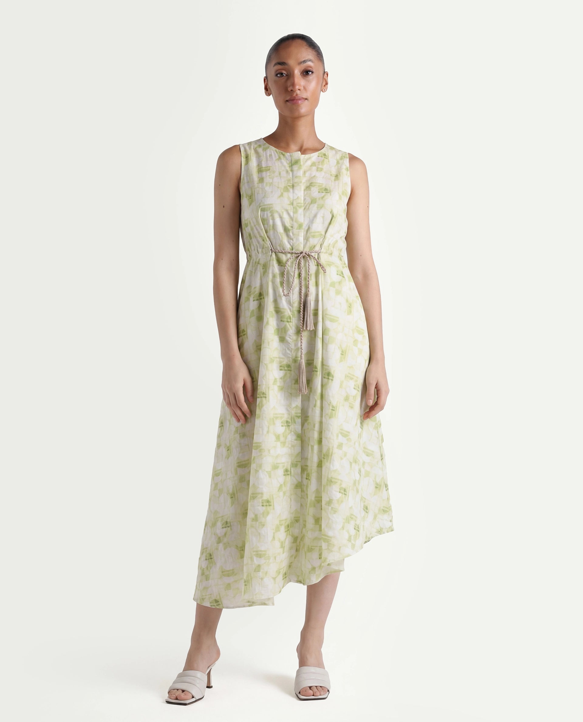 Rareism Women's Loralai Green Cotton Crew Neck Geometric Print Sleeveless Maxi Flared Dress