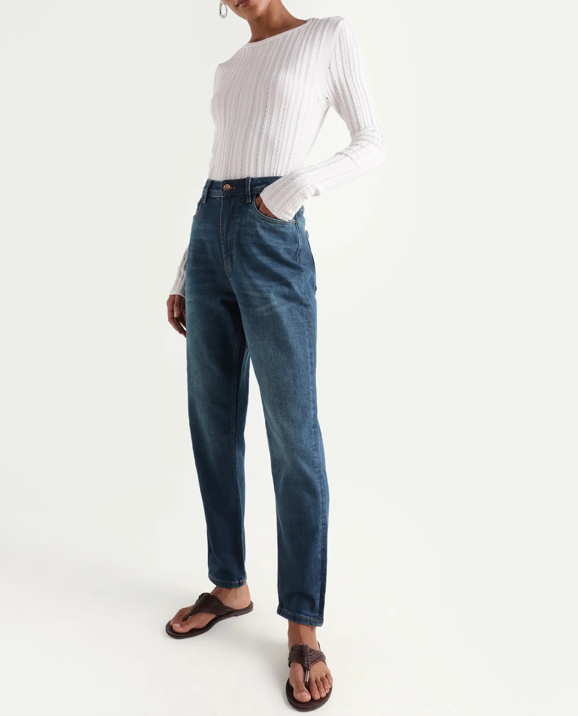 Rareism Women's Loreto Blue Cotton Blend Plain Ankle Length Mom Fit Jeans
