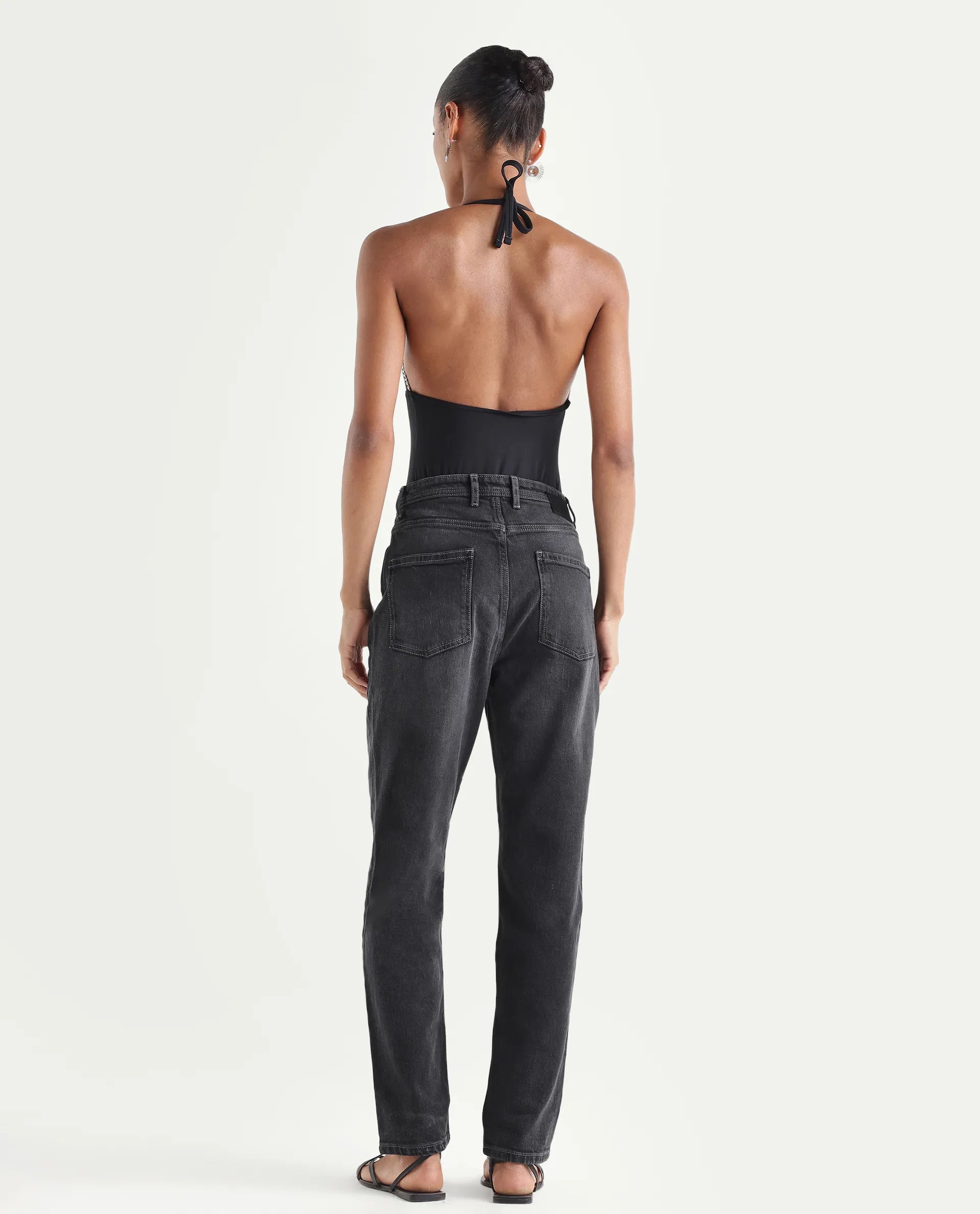 Rareism Women's Loreto Grey Cotton Blend Plain Ankle Length Mom Fit Jeans