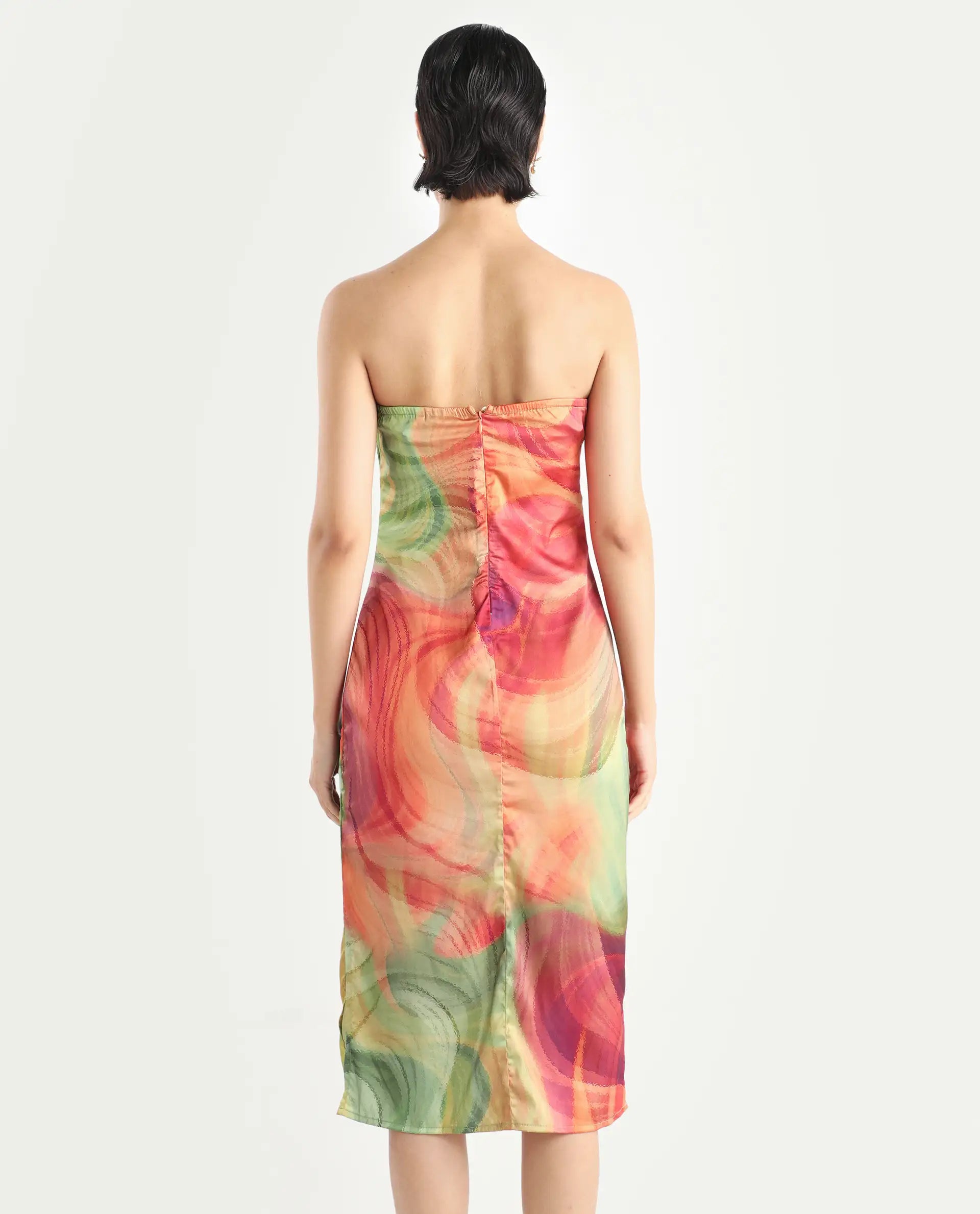 Rareism Women's Mermaid Multi Polyester Shoulder Strap Abstract Print Sleeveless Midi Bodycon Dress